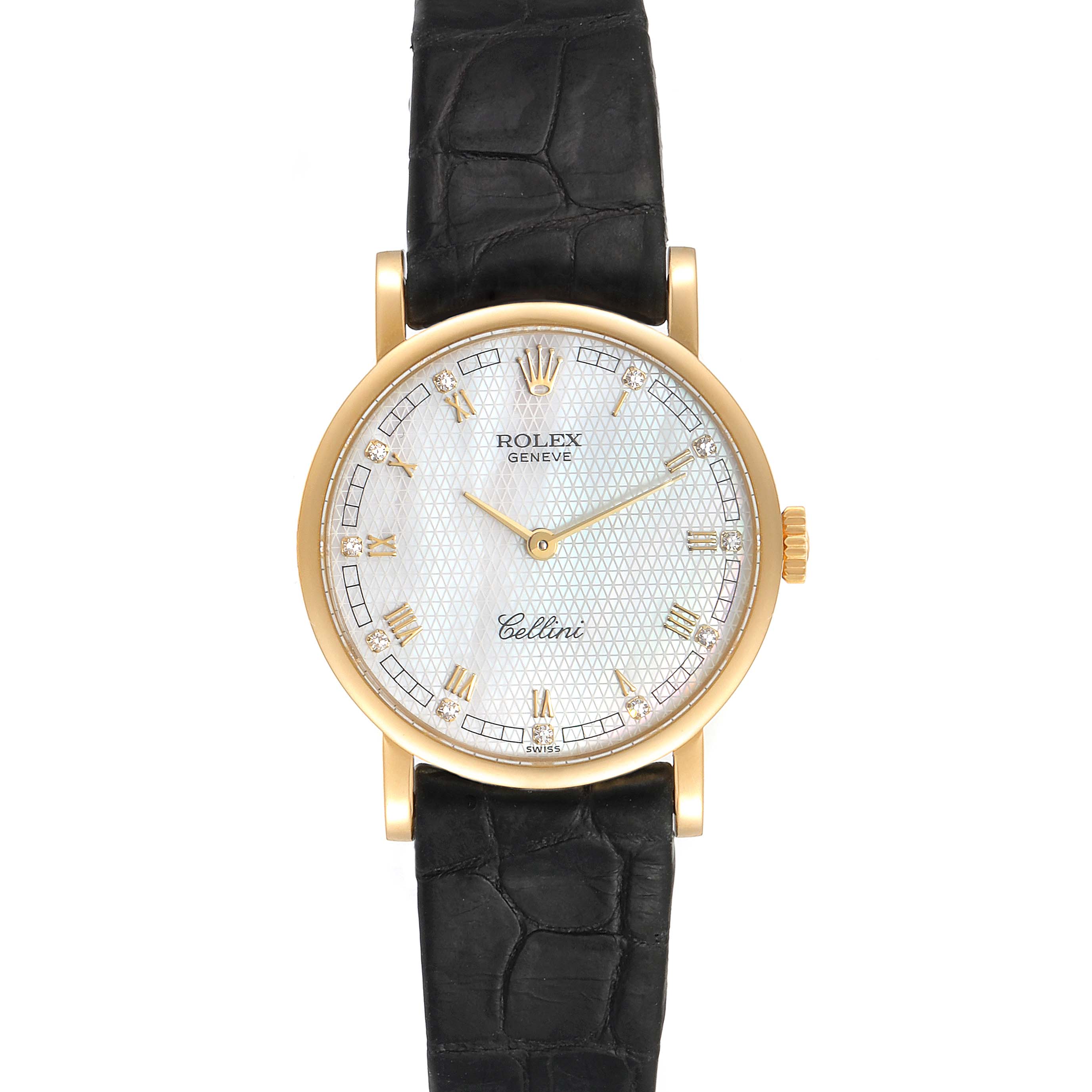 The image shows a front view of a Rolex Cellini 5109 Women's Yellow Gold Mother of Pearl Dial 5109 Women's Yellow Gold Mother of Pearl Dial watch with a black alligator leather strap and a gold round case.