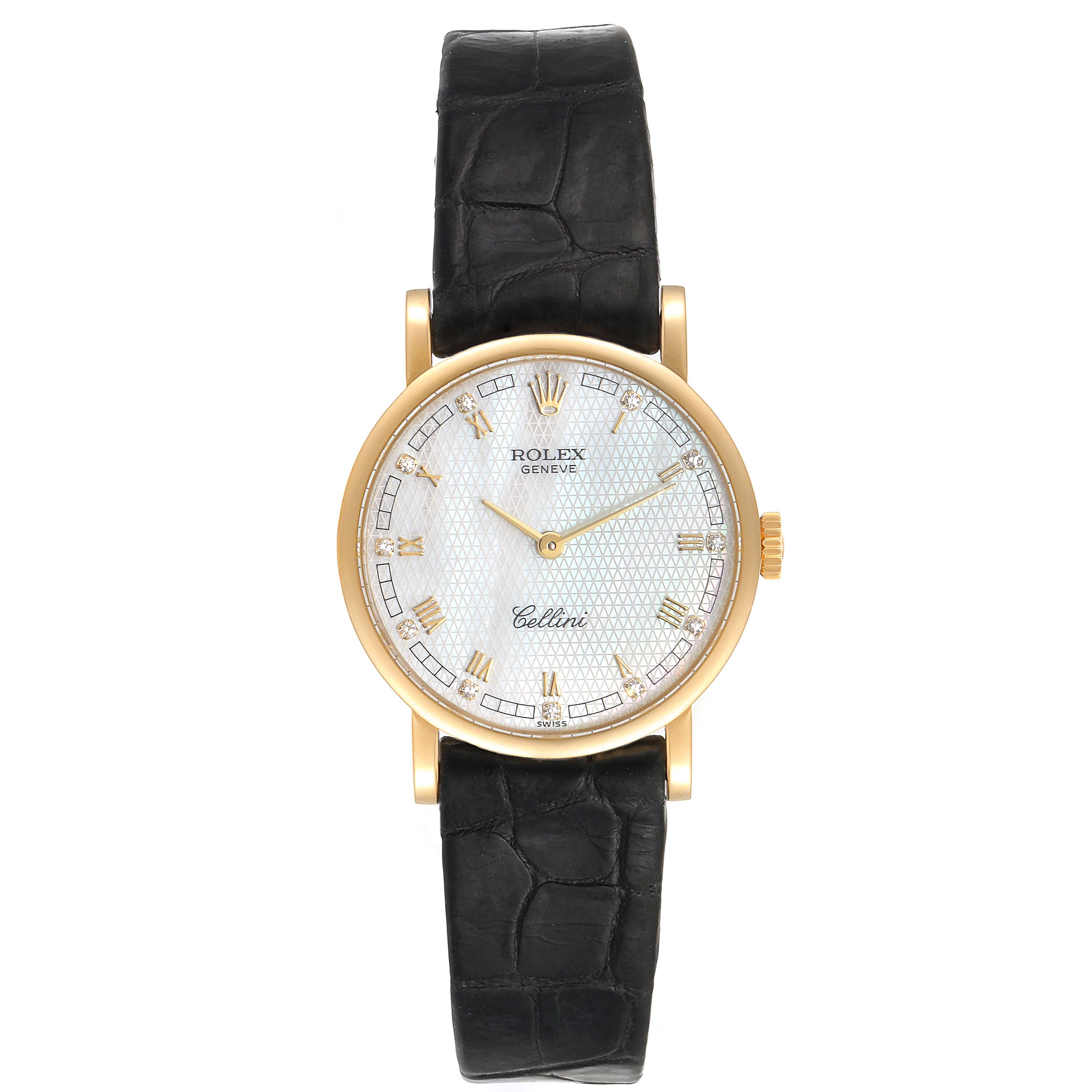 This image shows a front view of a Rolex Cellini 5109 Women's Yellow Gold Mother of Pearl Dial 5109 Women's Yellow Gold Mother of Pearl Dial watch, featuring its gold bezel, white dial, gold hour markers, and black leather strap.