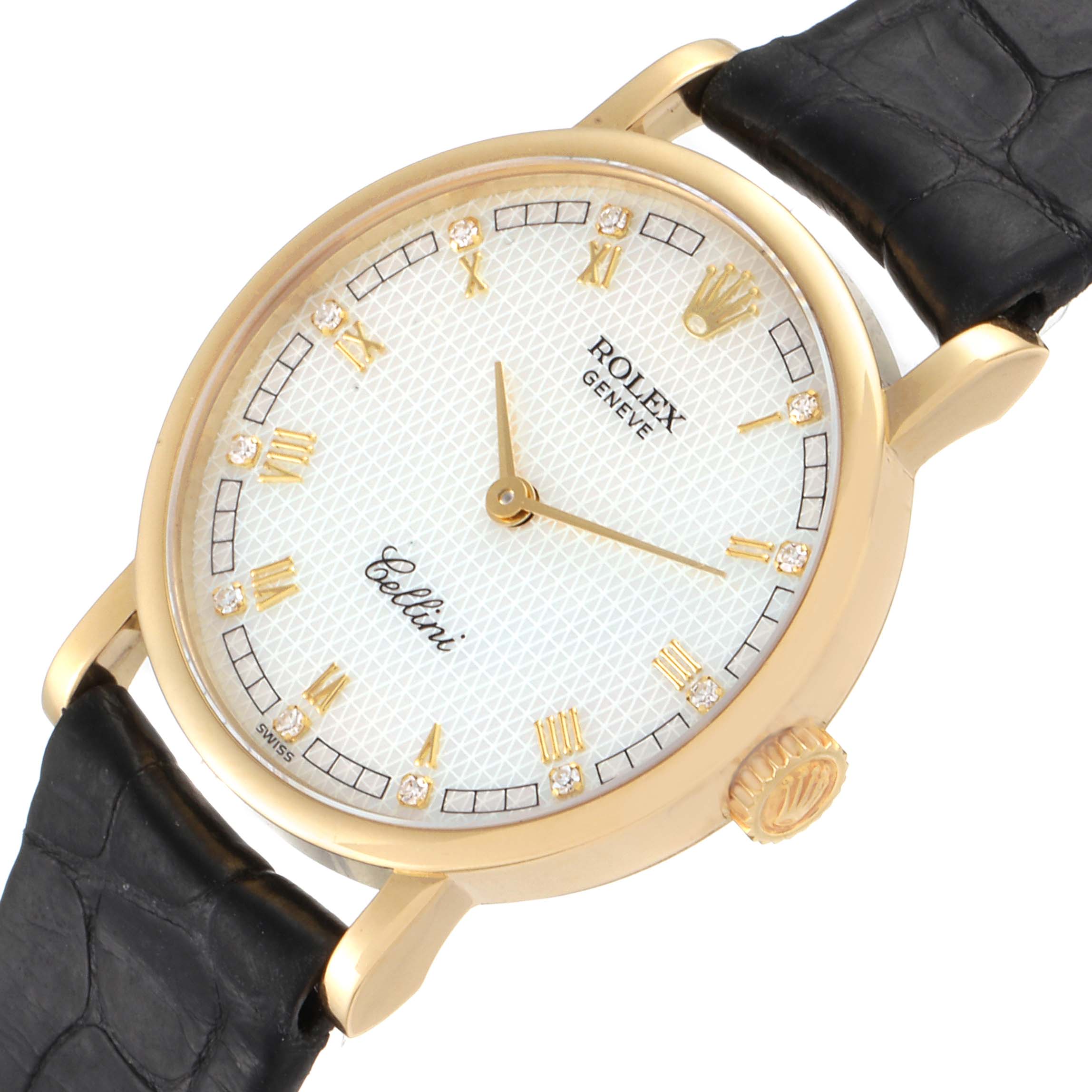 This image shows a close-up of the Rolex Cellini 5109 Women's Yellow Gold Mother of Pearl Dial 5109 Women's Yellow Gold Mother of Pearl Dial watch face from a three-quarter angle, highlighting the dial, hands, and leather strap.