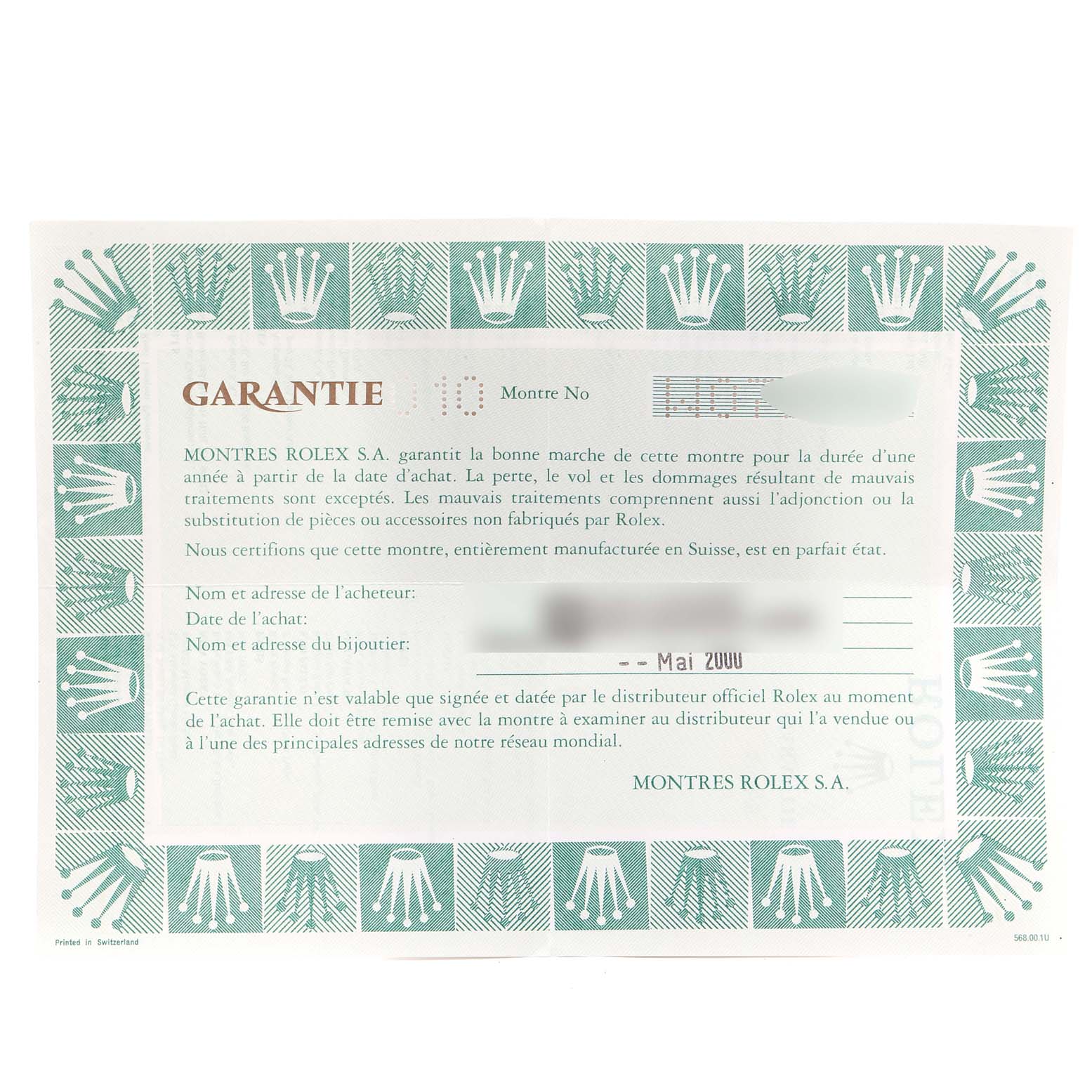 This image shows a guarantee certificate for a Rolex Cellini 5109 Women's Yellow Gold Mother of Pearl Dial 5109 Women's Yellow Gold Mother of Pearl Dial watch viewed from a top-down angle.