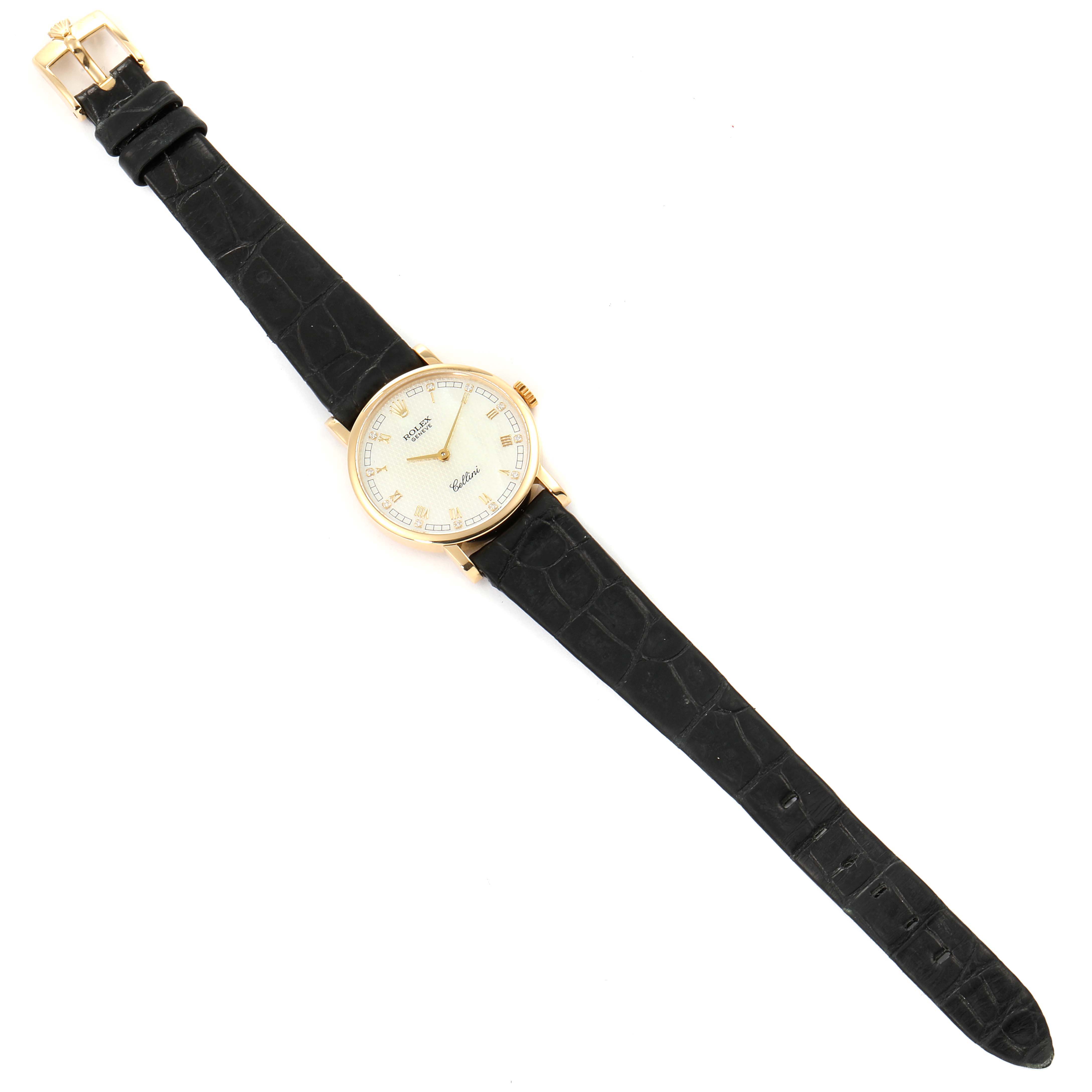 The Rolex Cellini 5109 Women's Yellow Gold Mother of Pearl Dial 5109 Women's Yellow Gold Mother of Pearl Dial watch is shown from a top-down angle, displaying its black leather strap, gold case, and white dial.