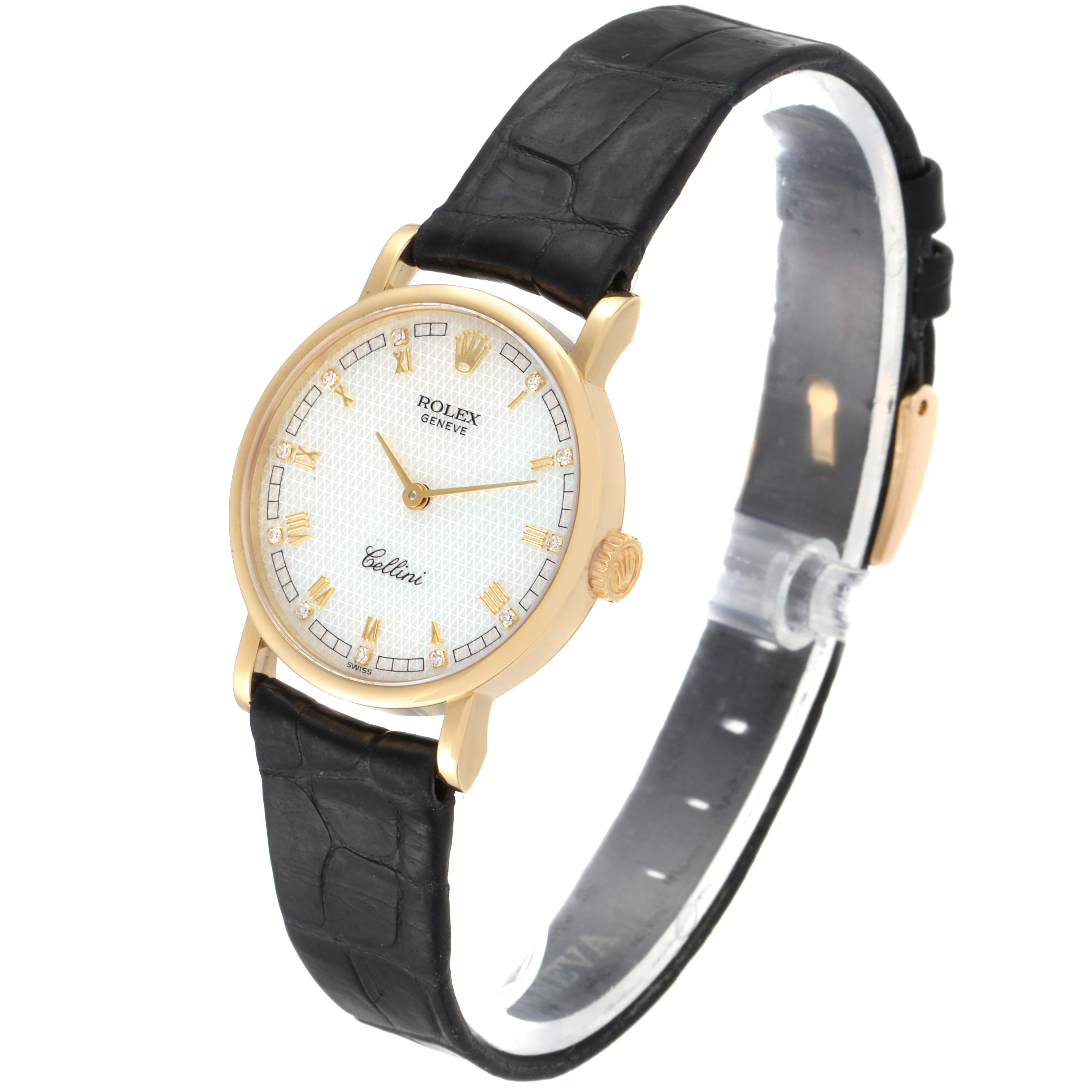 This is a front-angled view of the Rolex Cellini 5109 Women's Yellow Gold Mother of Pearl Dial 5109 Women's Yellow Gold Mother of Pearl Dial watch, showing the face, strap, and crown.