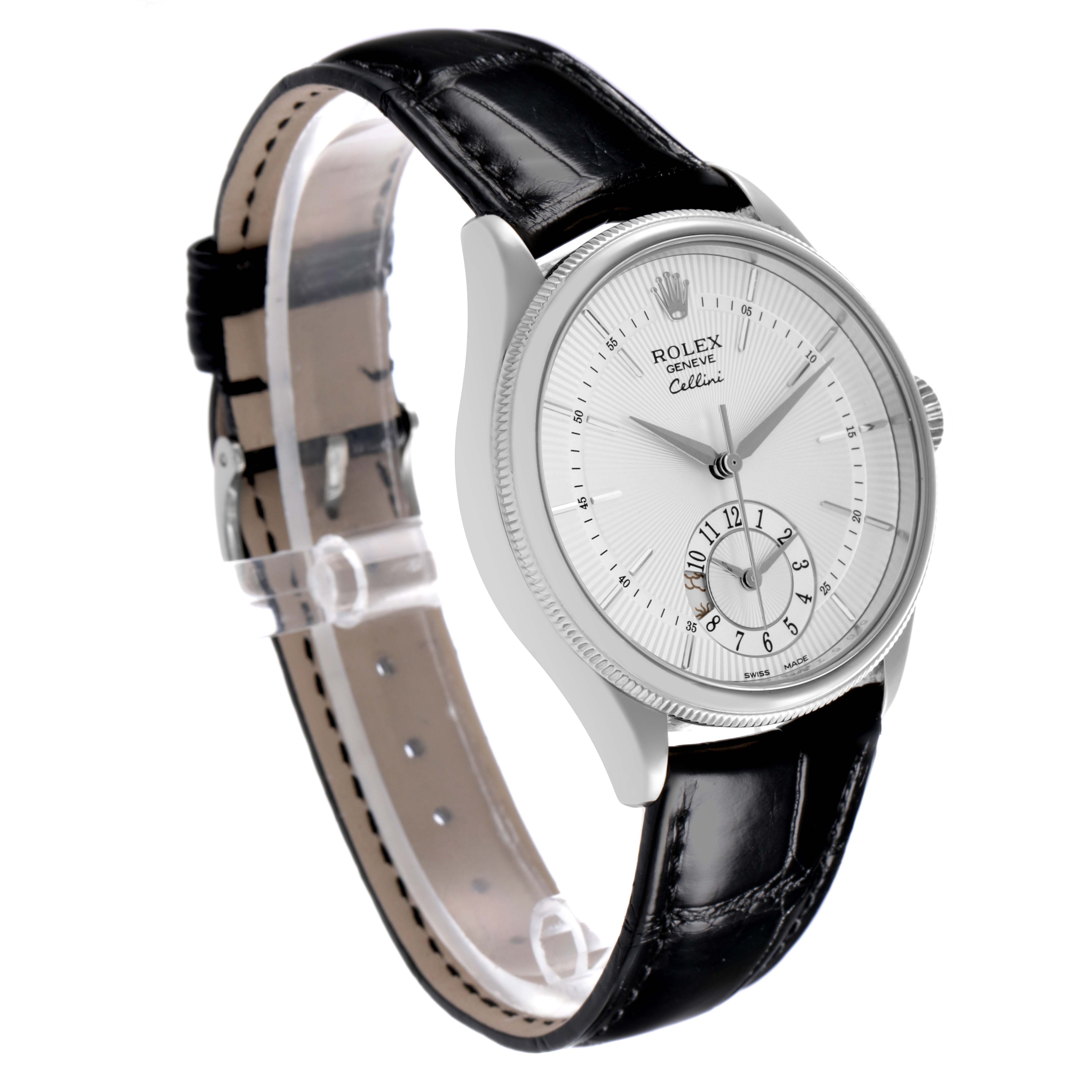 The Rolex Cellini 50529 Men's White Gold Silver Dial 50529 Men's White Gold Silver Dial watch is shown at an angled side view, displaying its face, bezel, crown, and black leather strap.