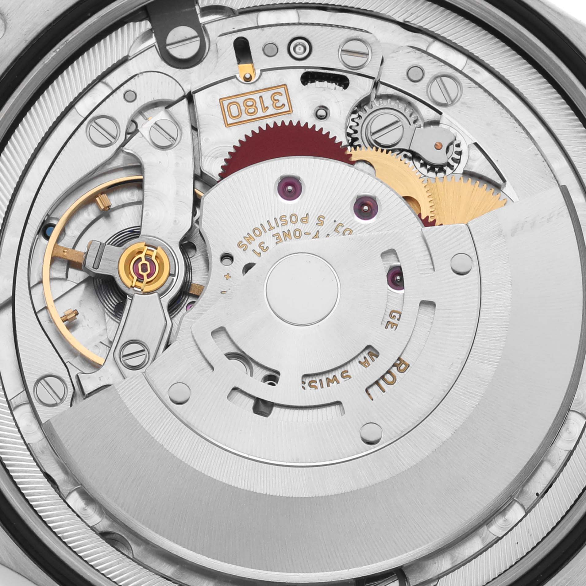 The image shows the movement of a Rolex Cellini 50529 Men's White Gold Silver Dial 50529 Men's White Gold Silver Dial watch, featuring gears and the rotor viewed from the back.