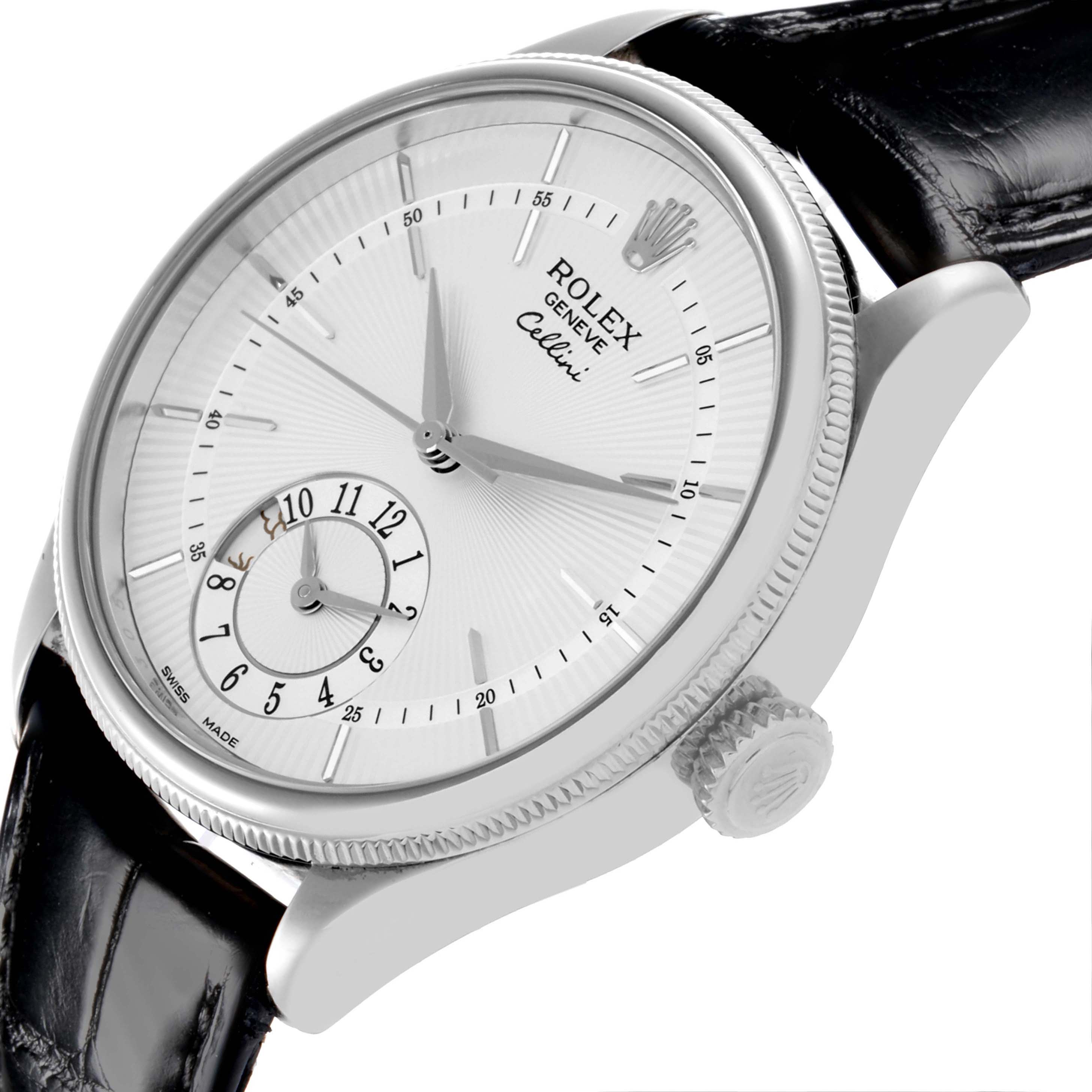 The Rolex Cellini 50529 Men's White Gold Silver Dial 50529 Men's White Gold Silver Dial watch is shown at an angled side view, displaying the dial, case, crown, and leather strap.