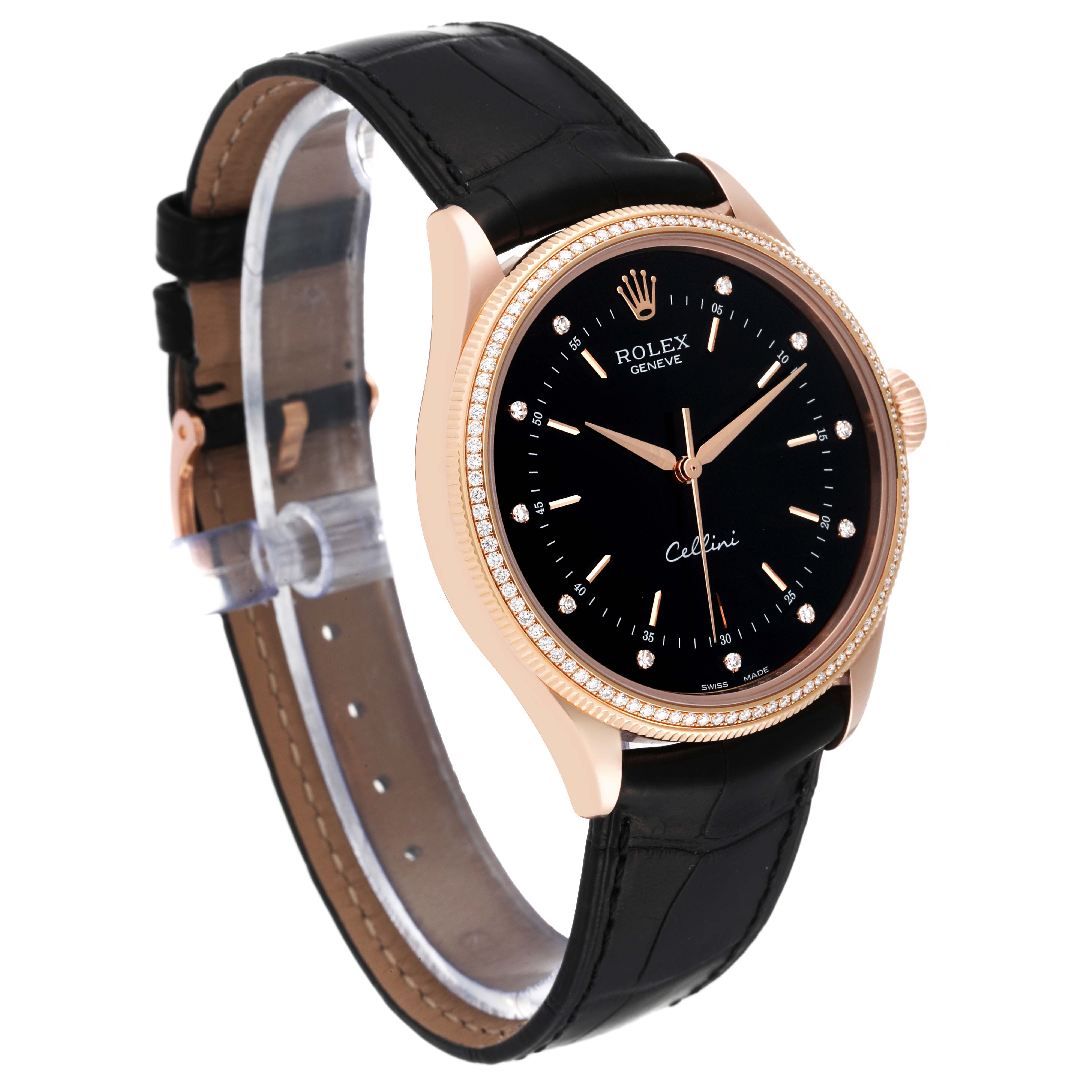 The Rolex Cellini 50605RBR Men's Rose Gold Black Dial watch is shown at a three-quarter angle, displaying the black dial, gold case, and leather strap.