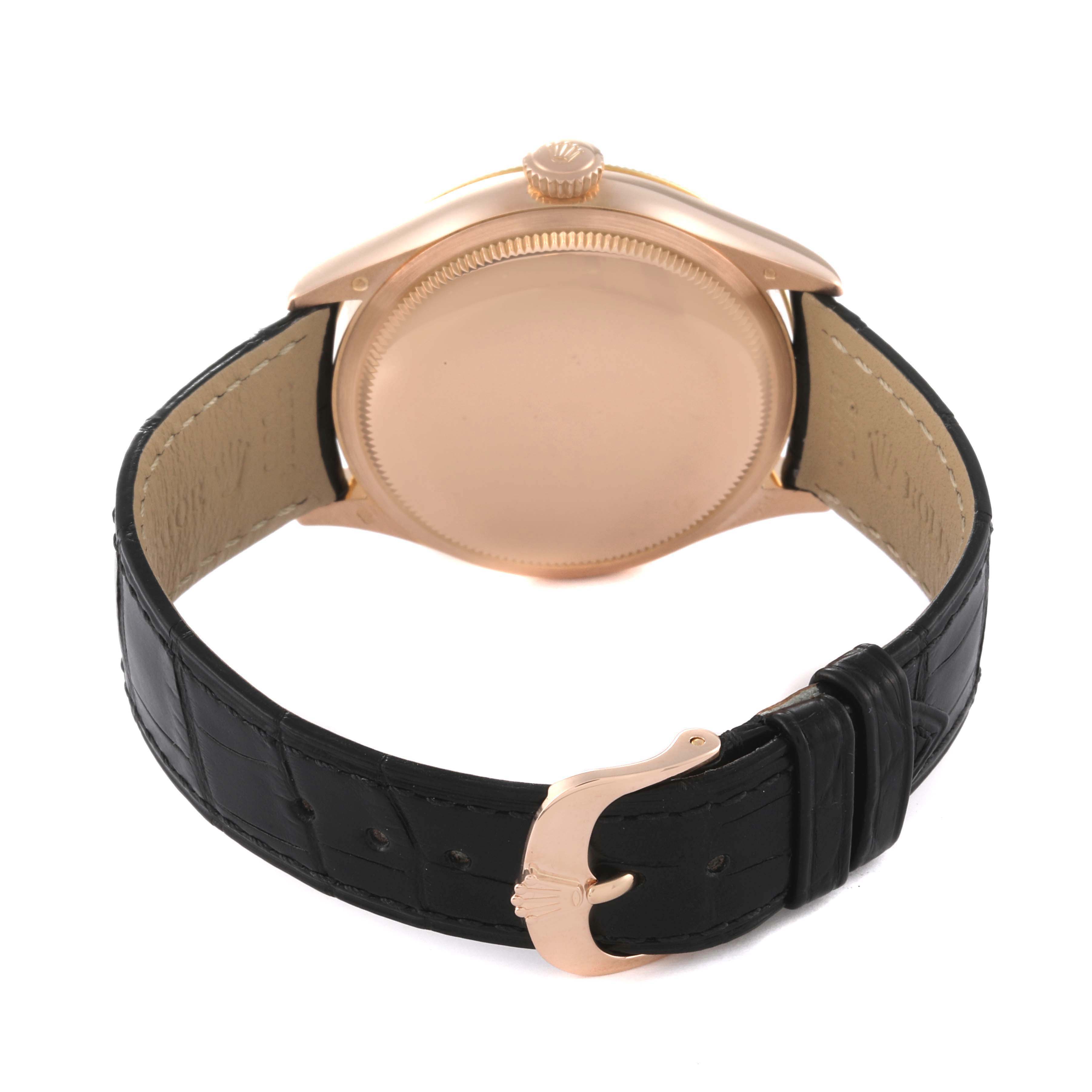 The image shows the back and side of a Rolex Cellini 50605RBR Men's Rose Gold Black Dial watch, highlighting its case, crown, and black leather strap with a clasp.