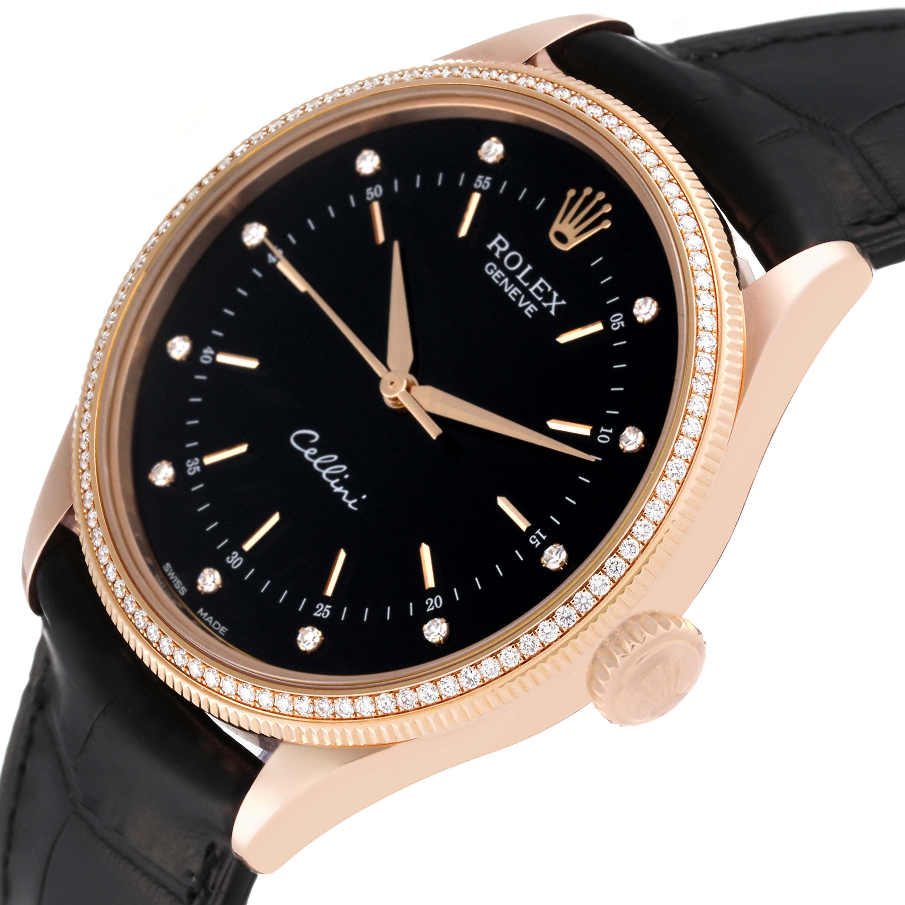 The Rolex Cellini 50605RBR Men's Rose Gold Black Dial watch is shown at an angled side view with parts including the dial, bezel, crown, case, and strap.