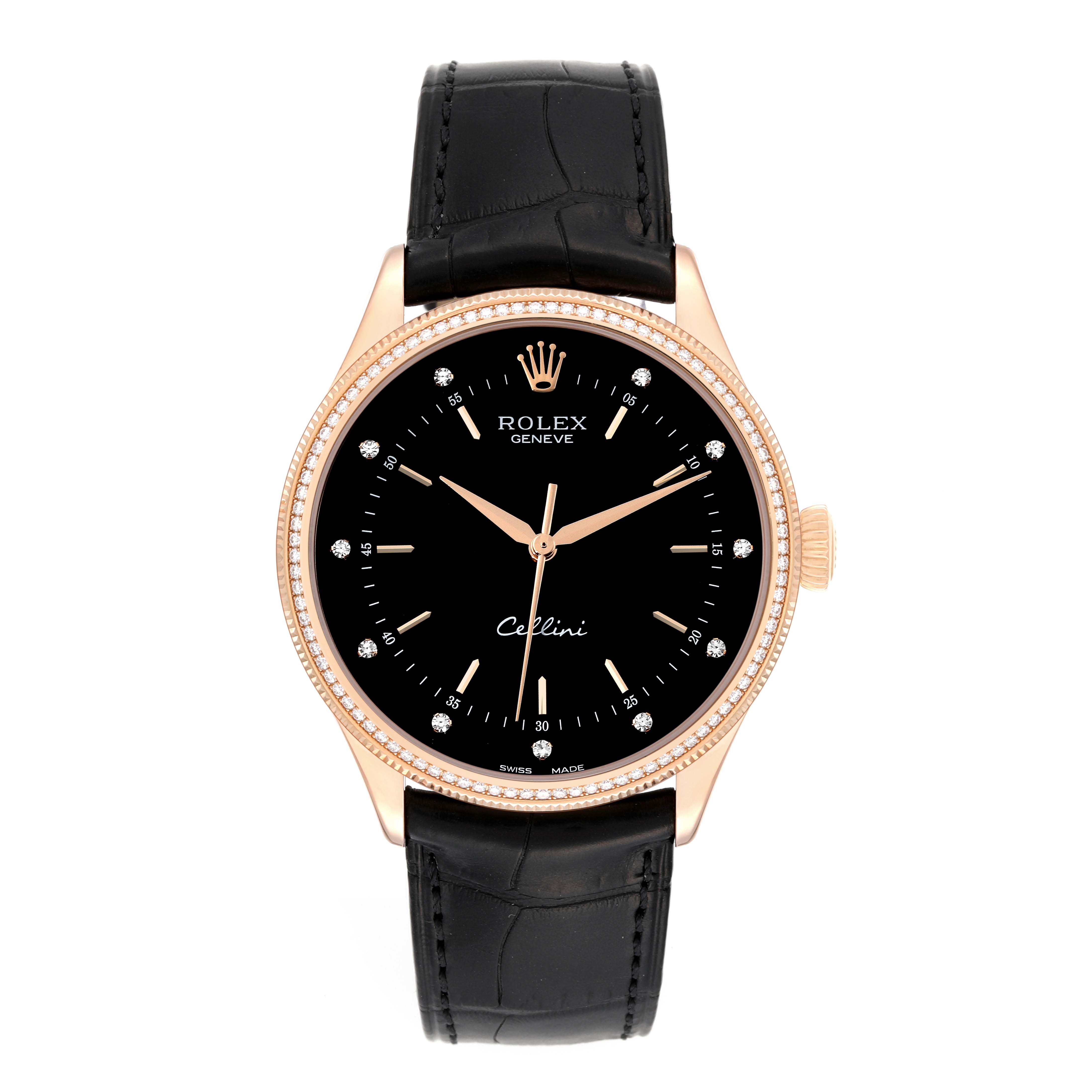 The Rolex Cellini 50605RBR Men's Rose Gold Black Dial watch is shown from a front view, featuring its black dial, rose gold case, and black leather strap.