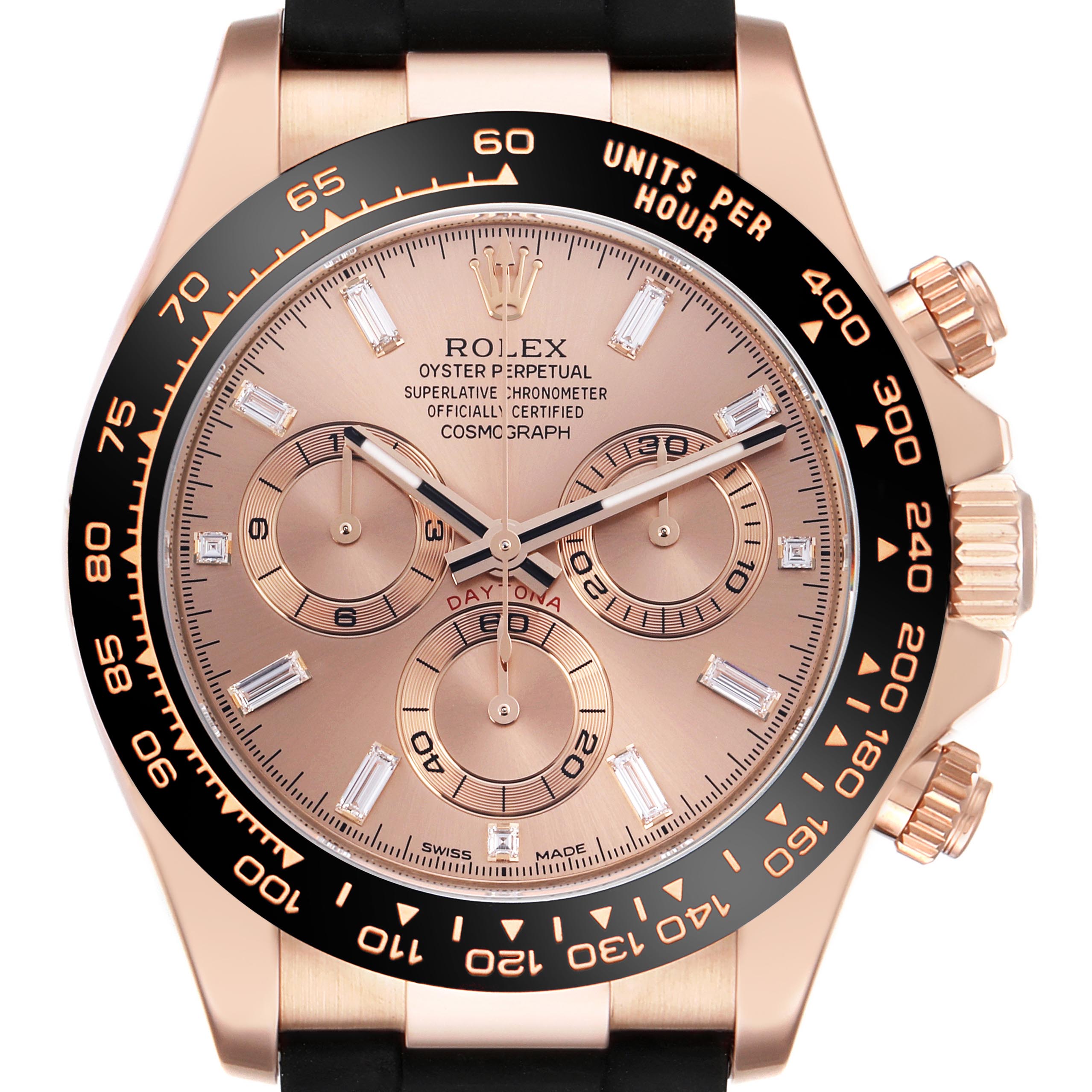 The Rolex Daytona 116515LN Men
s Rose Gold Pink Dial 116515LN Men
s Rose Gold Pink Dial watch is shown from a front angle, highlighting the face, bezel, and crown.