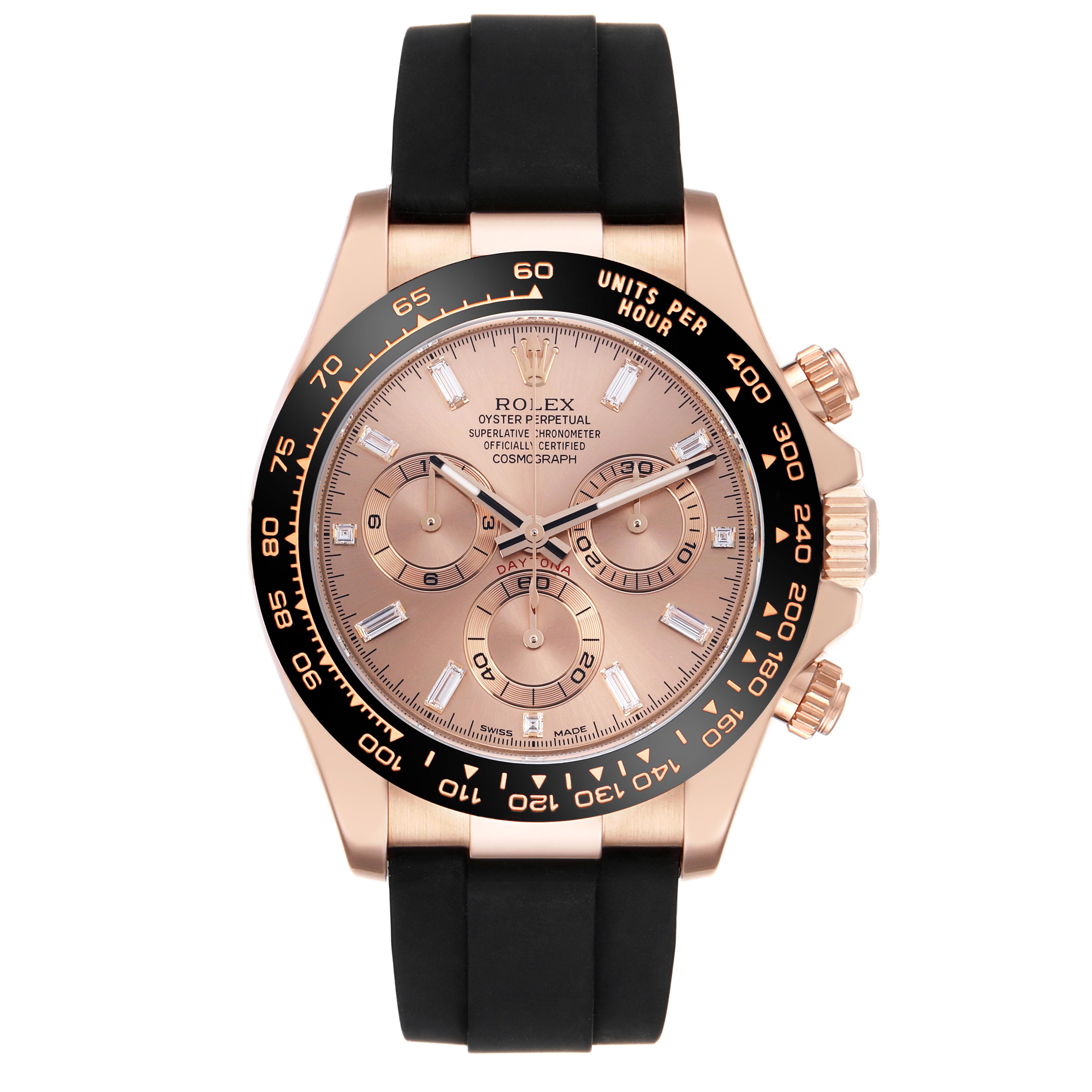The Rolex Daytona 116515LN Men
s Rose Gold Pink Dial 116515LN Men
s Rose Gold Pink Dial watch is shown from a front angle, highlighting its dial, bezel, and black strap.