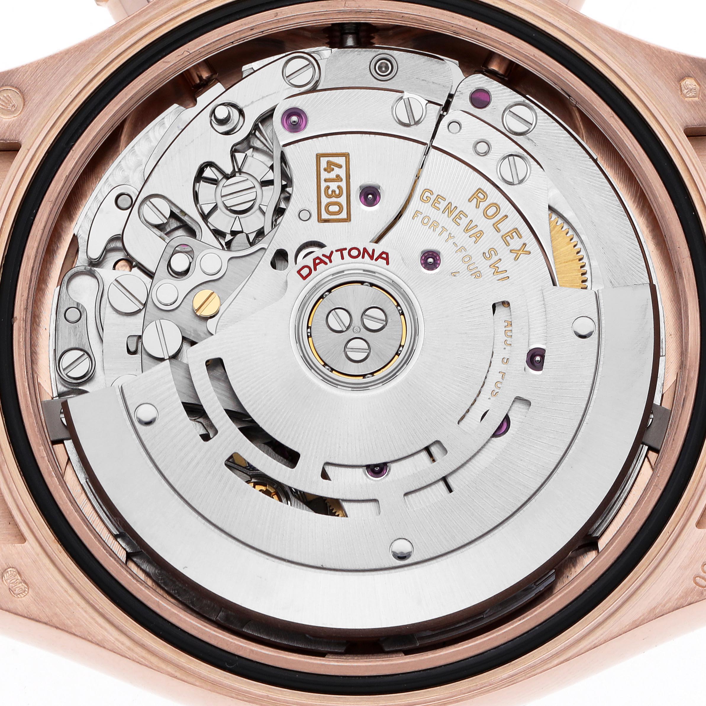 The image shows the movement of a Rolex Daytona 116515LN Men
s Rose Gold Pink Dial 116515LN Men
s Rose Gold Pink Dial, viewed from the back, highlighting the intricate mechanical parts.