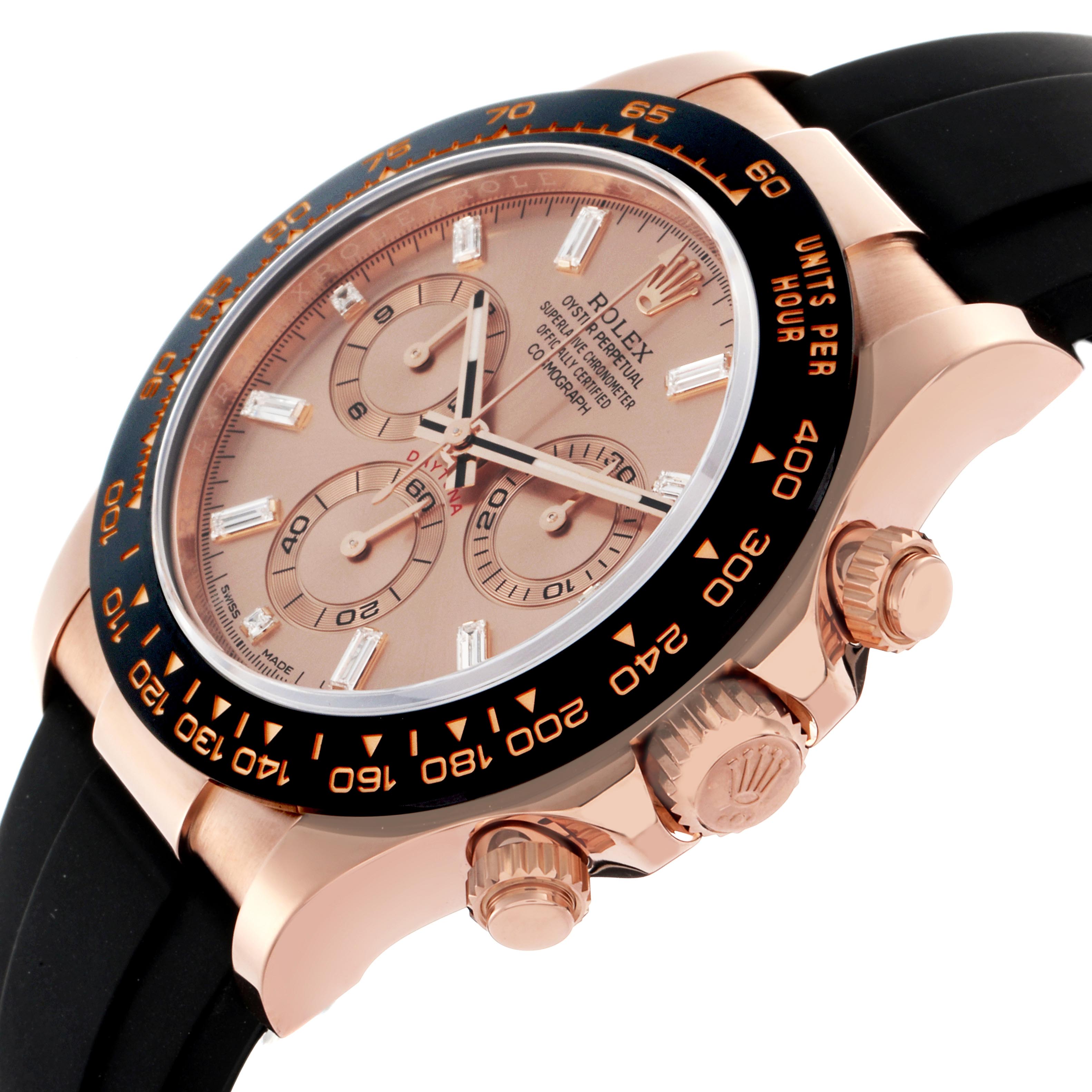 The Rolex Daytona 116515LN Men
s Rose Gold Pink Dial 116515LN Men
s Rose Gold Pink Dial watch is shown at an angled close-up, highlighting the bezel, chronograph dials, and crown.