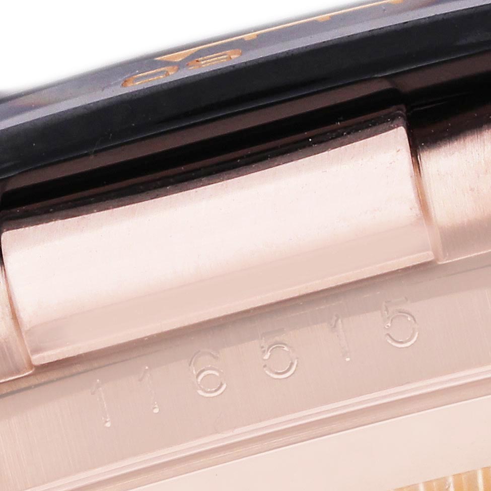 The image shows a close-up of the Rolex Daytona 116515LN Men
s Rose Gold Pink Dial 116515LN Men
s Rose Gold Pink Dial case side, focusing on the serial number engraving.