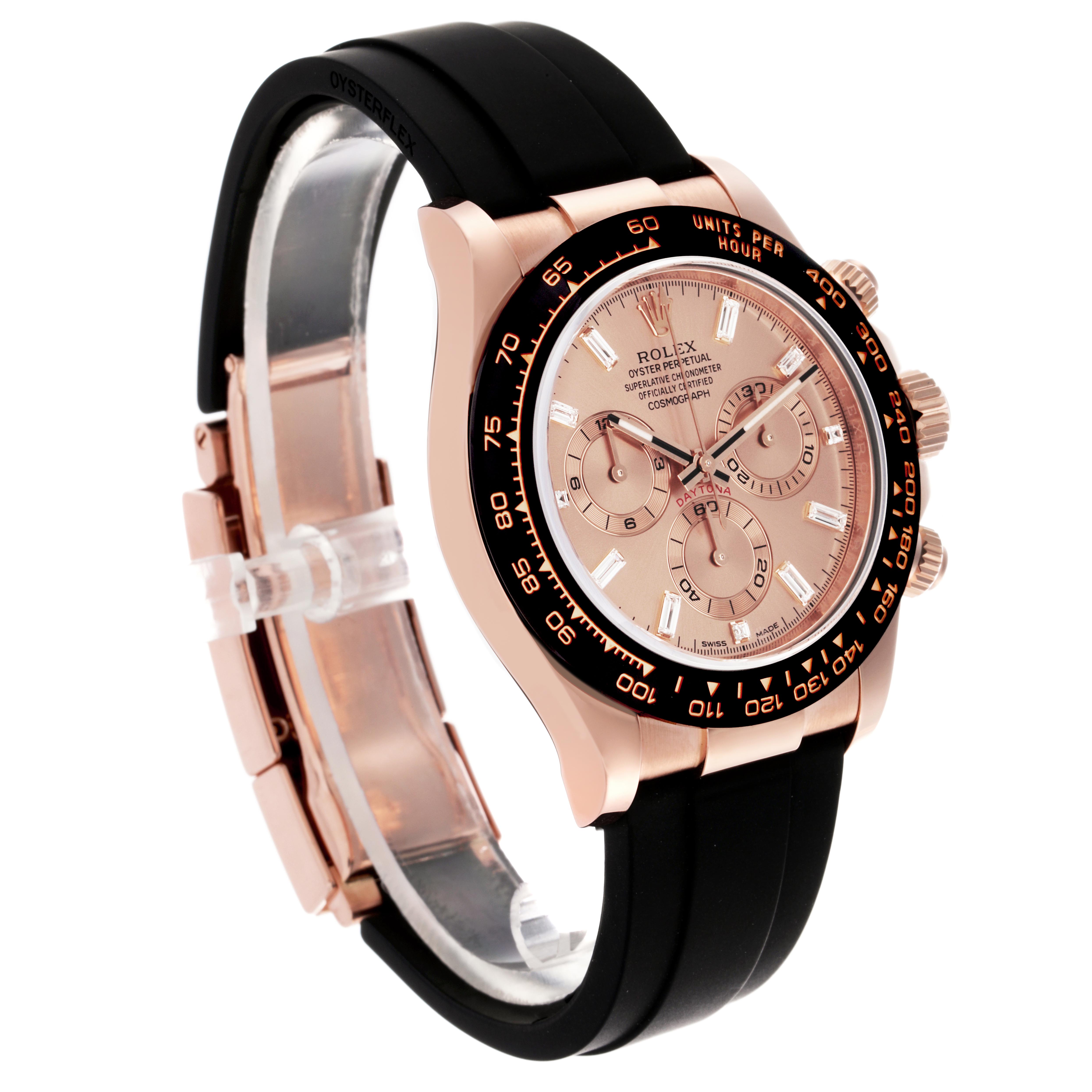 The Rolex Daytona 116515LN Men
s Rose Gold Pink Dial 116515LN Men
s Rose Gold Pink Dial watch is shown at a three-quarter angle, displaying its face, bezel, and part of the strap.