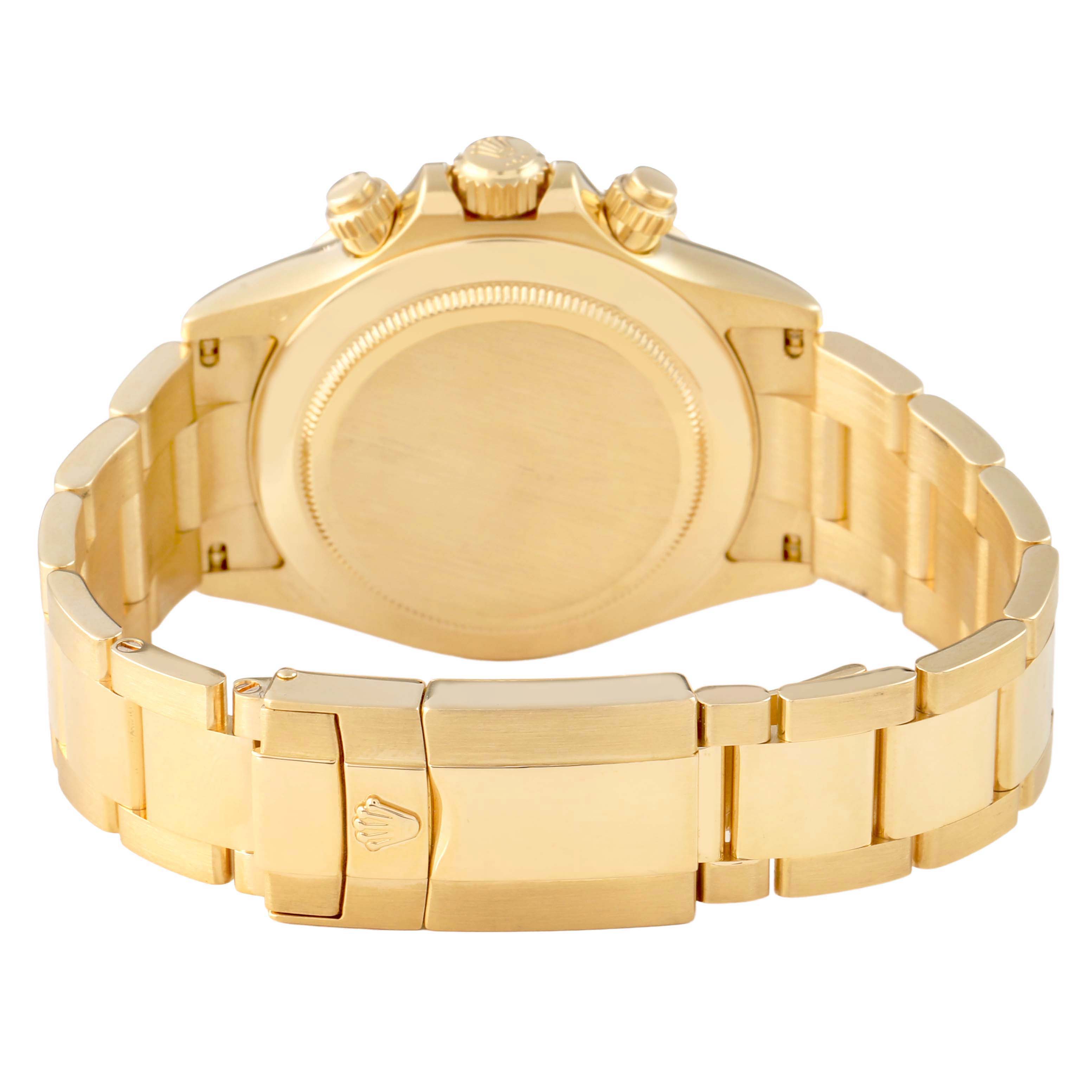 The image shows a rear view of the gold Rolex Daytona 116528 Men's Yellow Gold Champagne Dial, highlighting the case back, bracelet, and clasp.