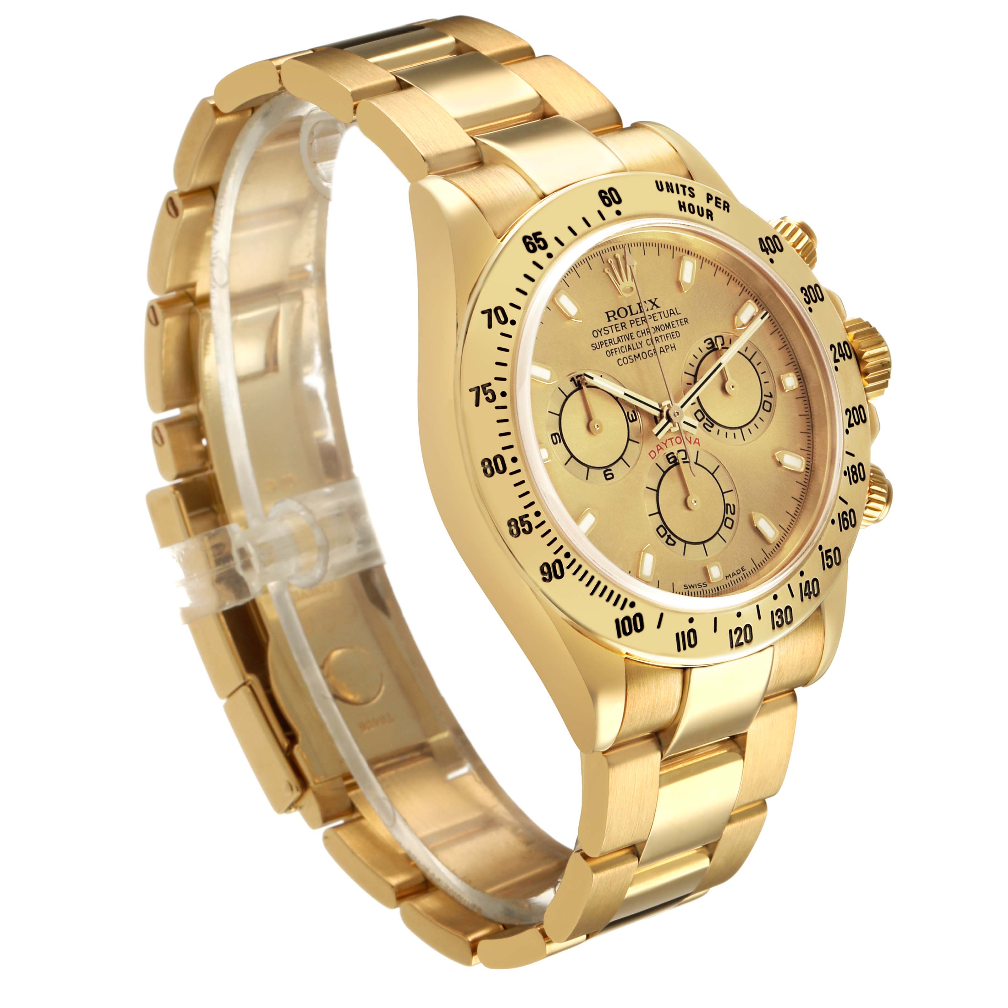 The Rolex Daytona 116528 Men's Yellow Gold Champagne Dial watch is shown from a side angle, highlighting its gold bracelet, bezel, and dial with subdials.