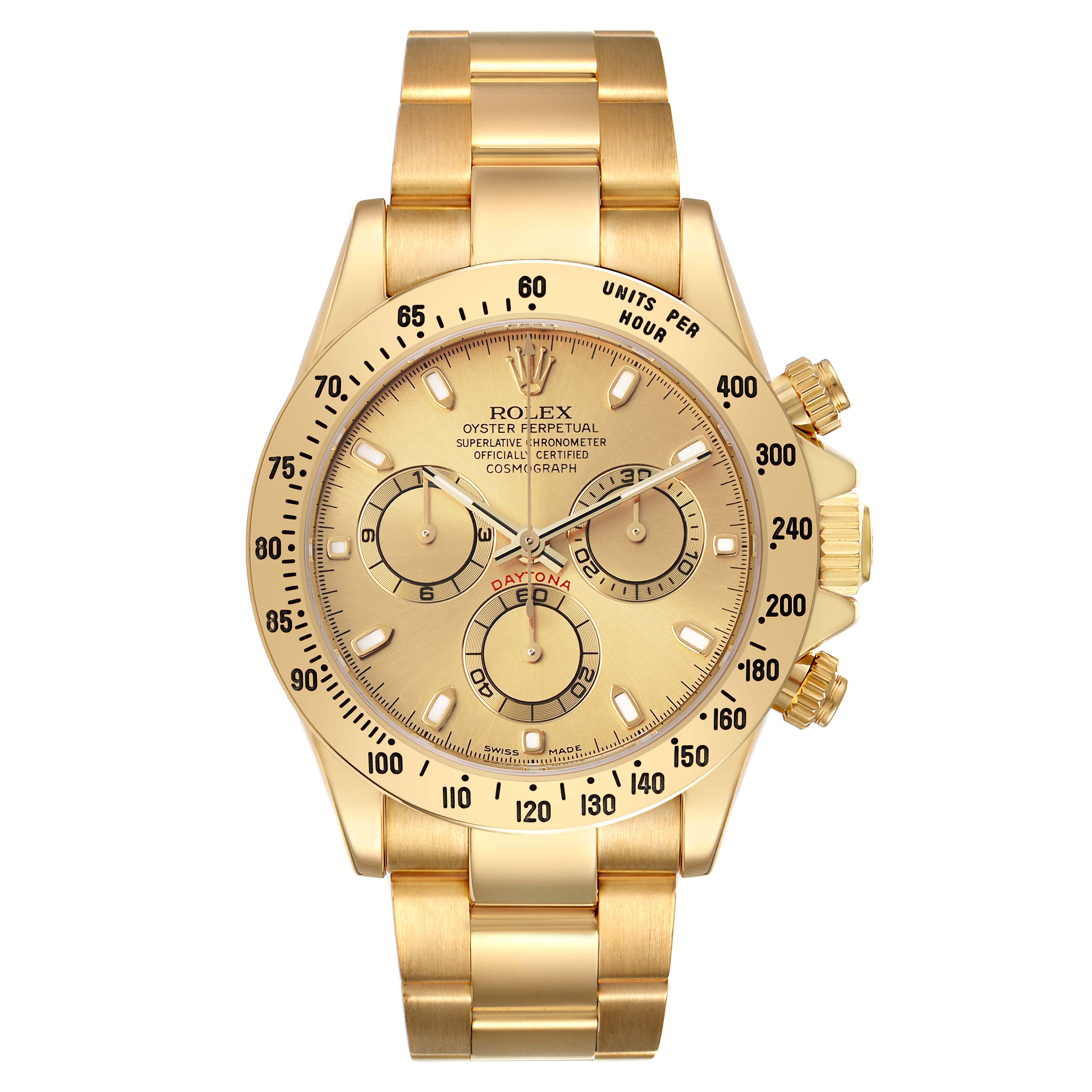 The Rolex Daytona 116528 Men's Yellow Gold Champagne Dial watch is shown from the front, highlighting its gold dial, sub-dials, and bracelet.