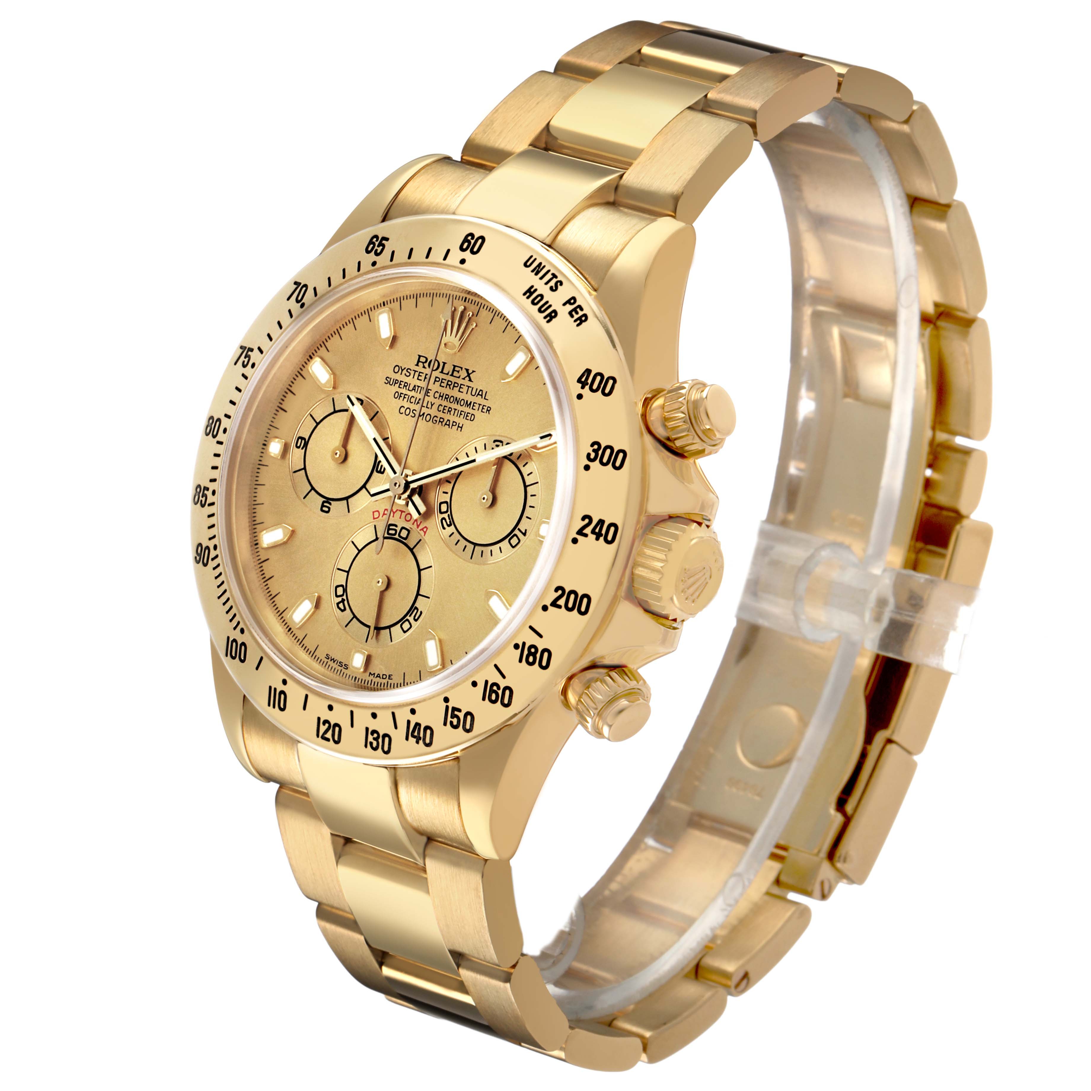 The Rolex Daytona 116528 Men's Yellow Gold Champagne Dial watch is shown at a three-quarter angle, displaying the dial, bezel, pushers, and bracelet.