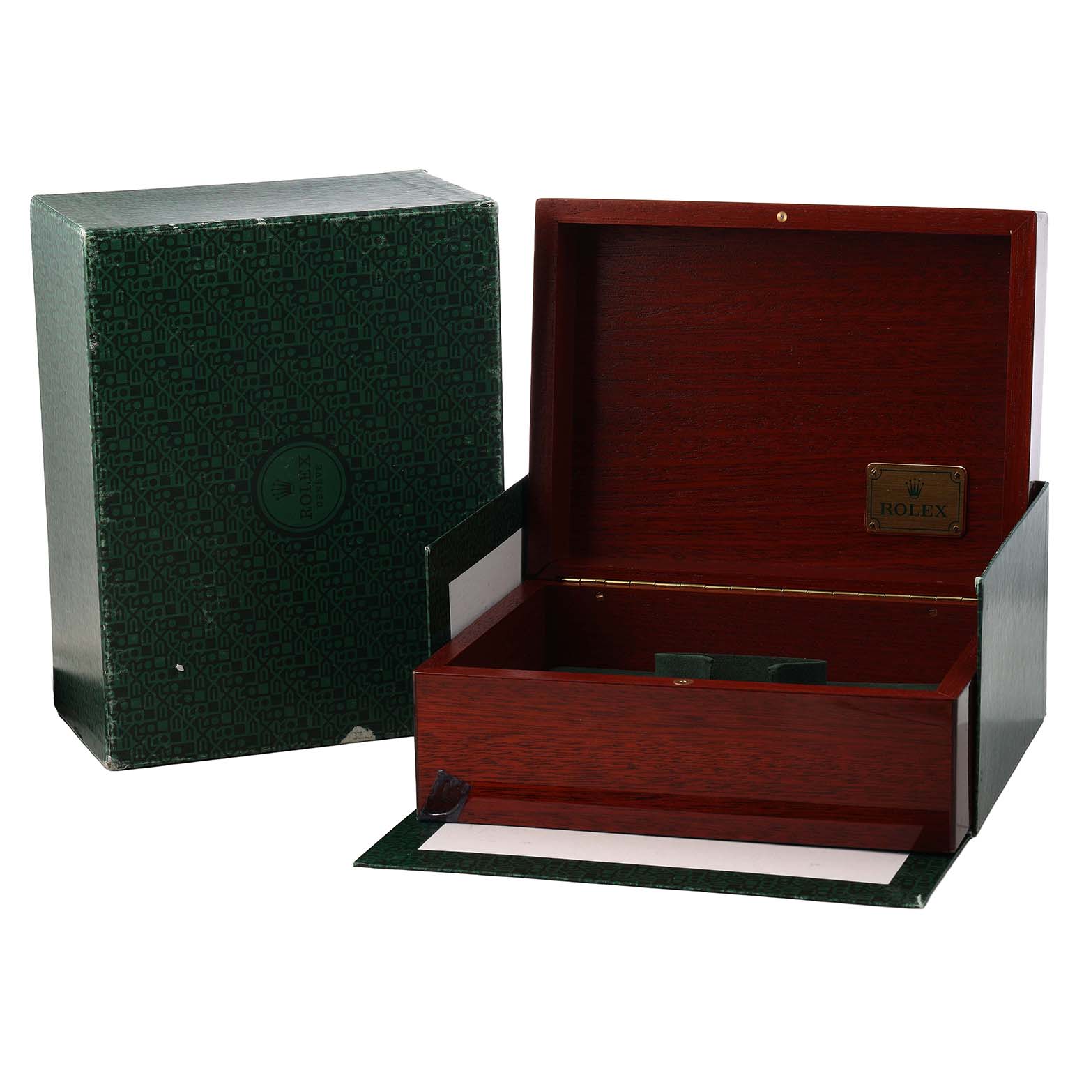 The image shows a Rolex Daytona 116528 Men's Yellow Gold Champagne Dial watch box with a wooden interior and a closed outer packaging box.