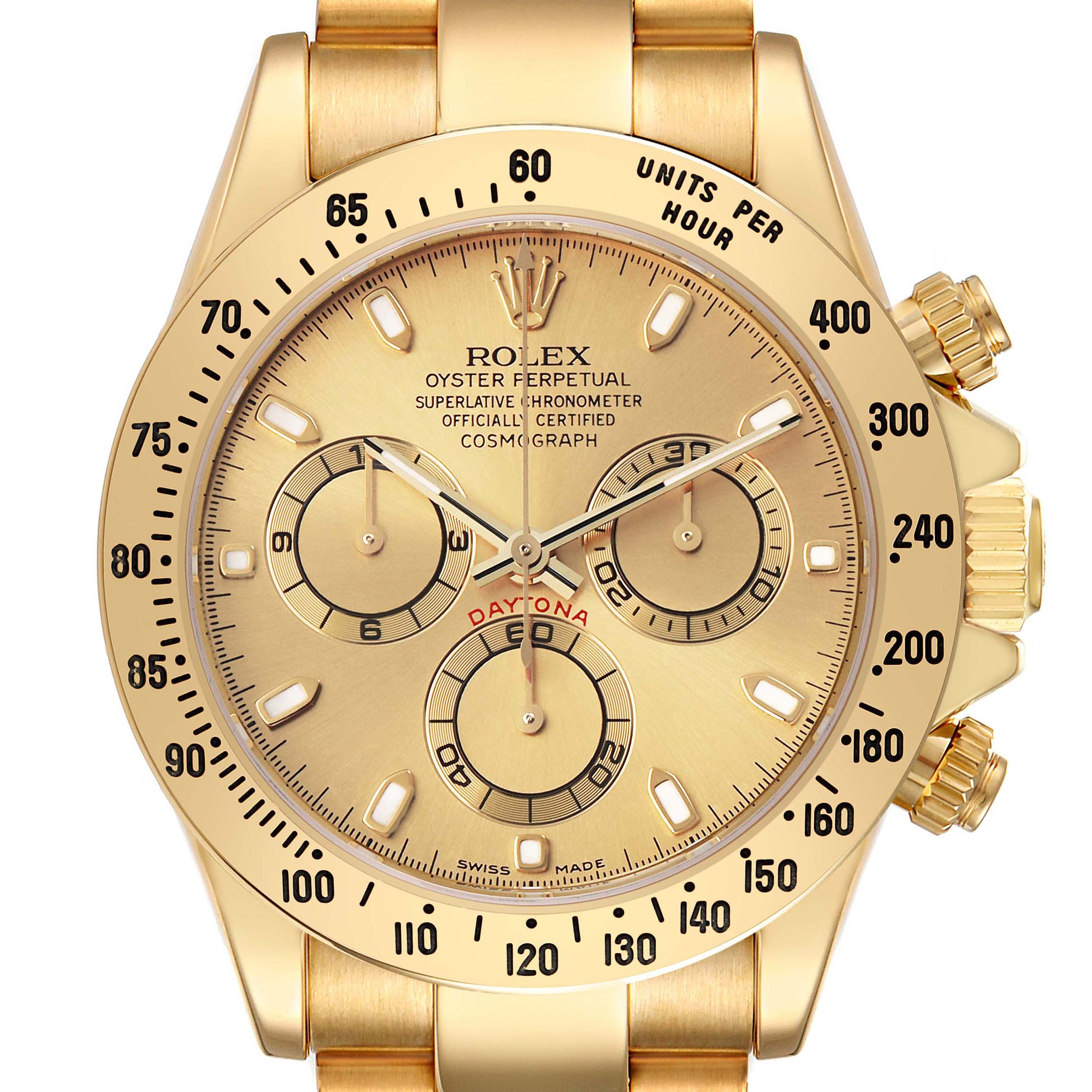 The Rolex Daytona 116528 Men's Yellow Gold Champagne Dial is shown from a front angle, highlighting the dial, bezel, and pushers.