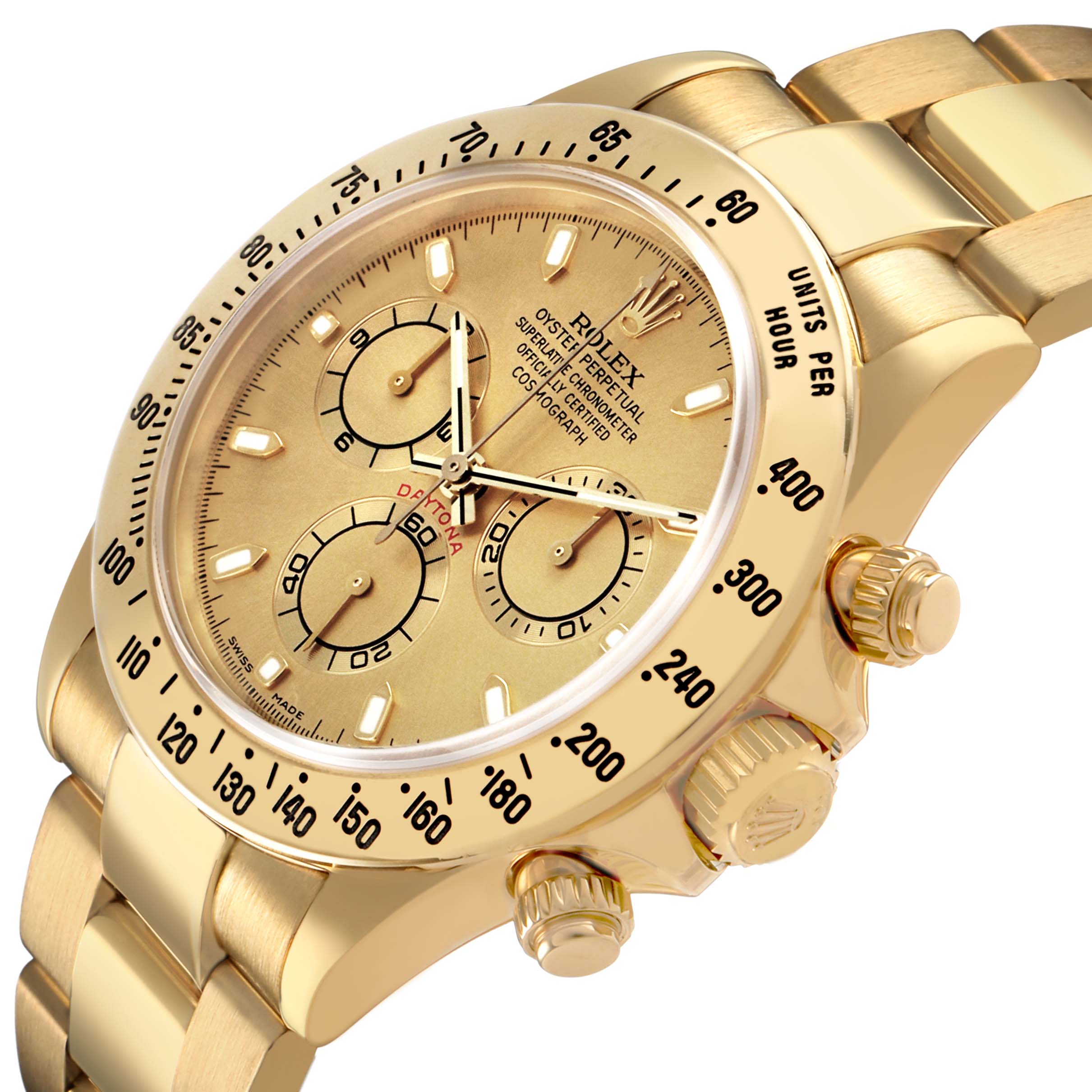 The Rolex Daytona 116528 Men's Yellow Gold Champagne Dial watch is shown from a tilted angle, highlighting the dial, bezel, crown, and bracelet links.