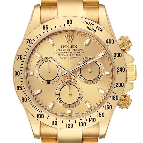 The Rolex Daytona 116528 Men's Yellow Gold Champagne Dial watch is shown from the front, highlighting its gold dial, subdials, tachymetric scale, and crown.