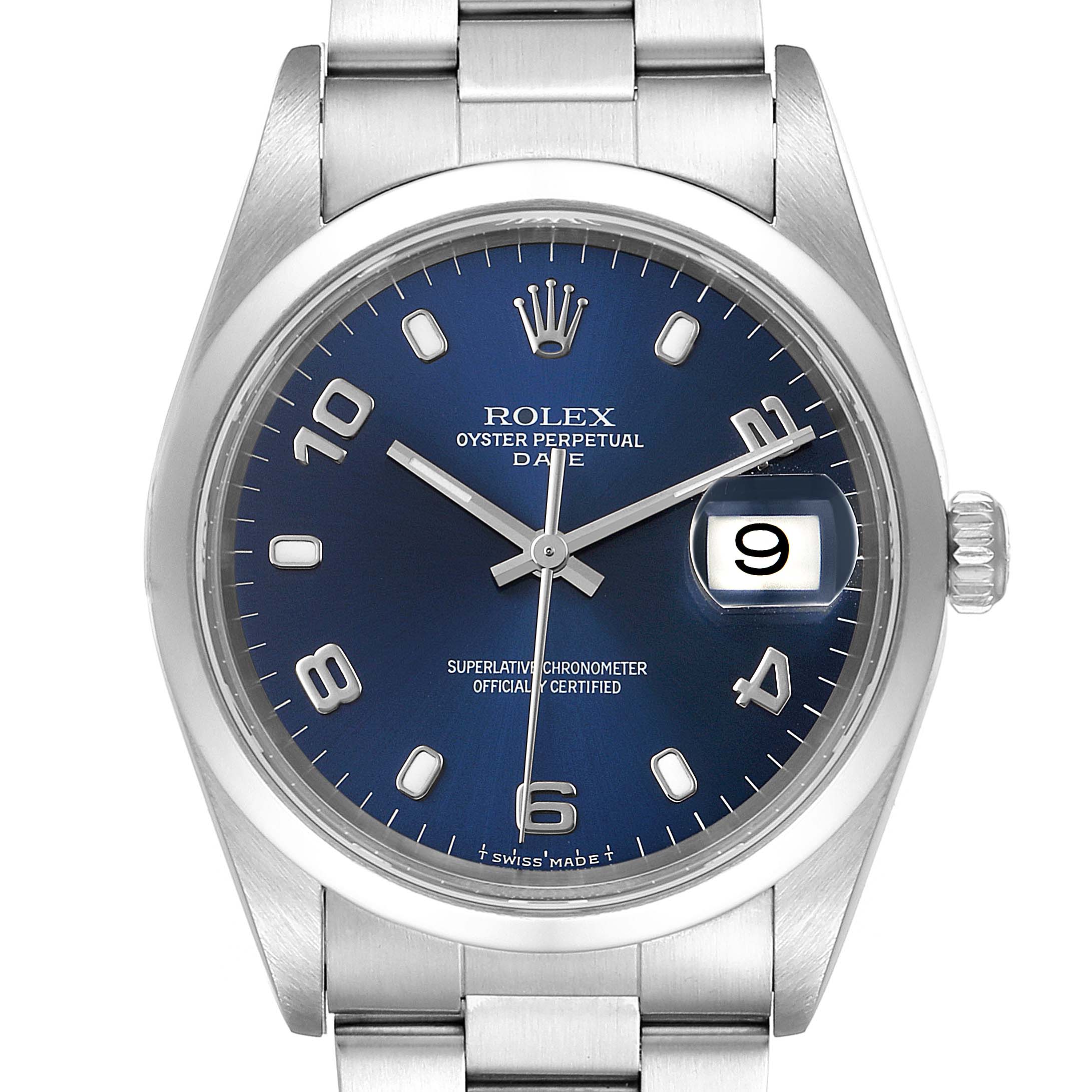 The image shows a front view of a Rolex Date 15200 Men's Stainless Steel Blue Dial 15200 Men's Stainless Steel Blue Dial model watch with a blue dial and metal bracelet.