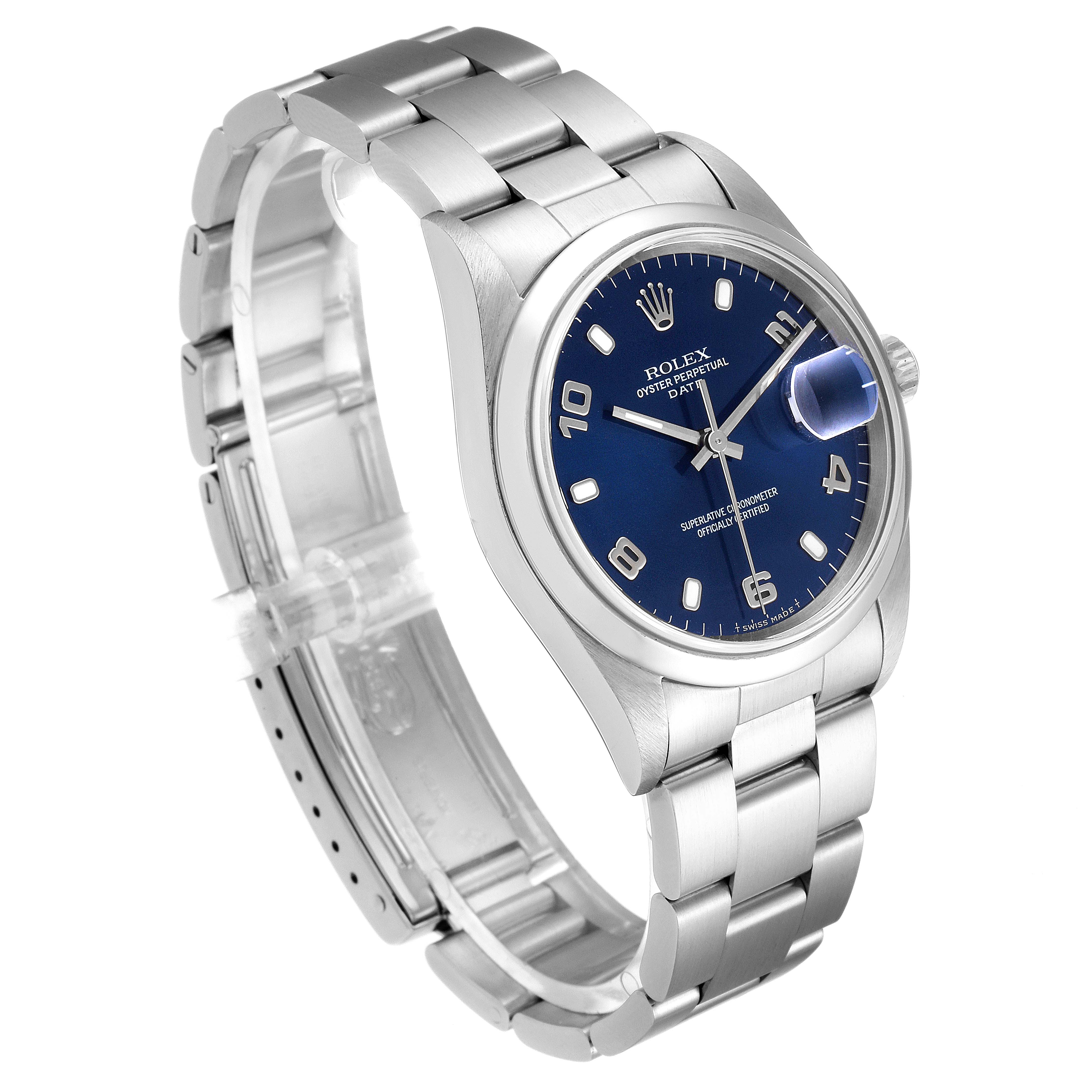 The image shows a Rolex Date 15200 Men's Stainless Steel Blue Dial 15200 Men's Stainless Steel Blue Dial watch from a left-front angle, highlighting the blue dial, bezel, and stainless steel bracelet.