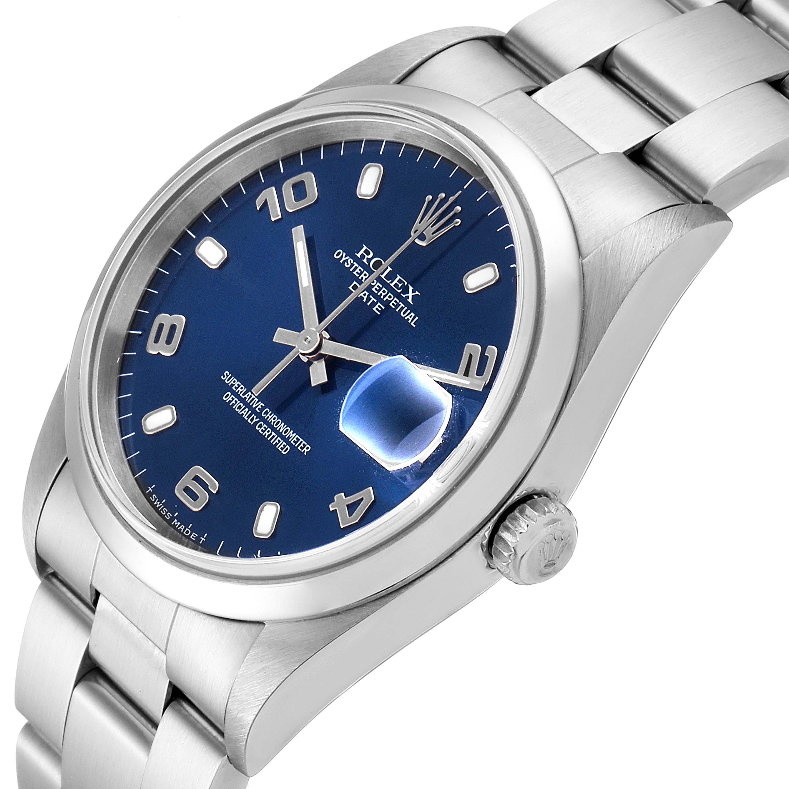 The image shows the face, crown, and bracelet of a Rolex Date 15200 Men's Stainless Steel Blue Dial 15200 Men's Stainless Steel Blue Dial model watch from a three-quarter angle.