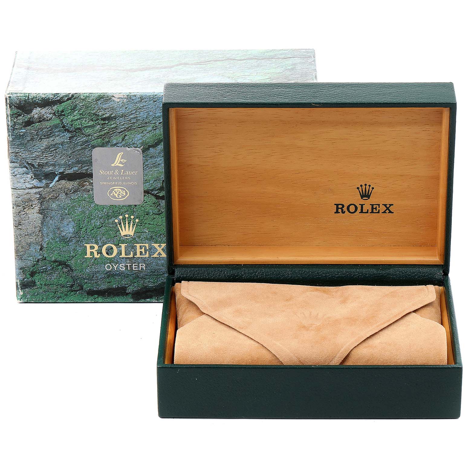 The image shows a Rolex Date 15200 Men's Stainless Steel Blue Dial 15200 Men's Stainless Steel Blue Dial model's wooden interior box along with its outer box and a suede pouch.