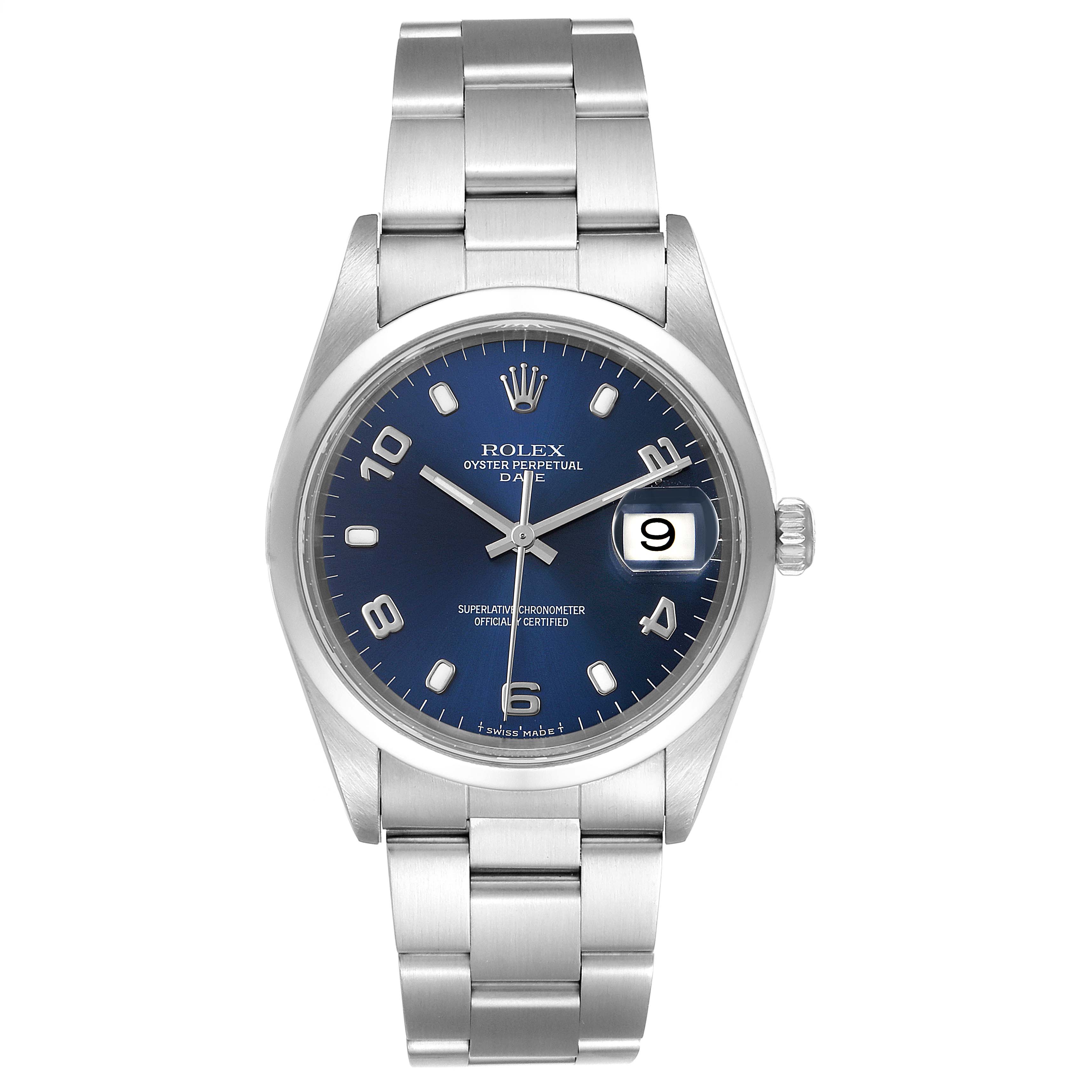 The image shows a Rolex Date 15200 Men's Stainless Steel Blue Dial 15200 Men's Stainless Steel Blue Dial model watch from a front angle, displaying the dial, bezel, and bracelet.