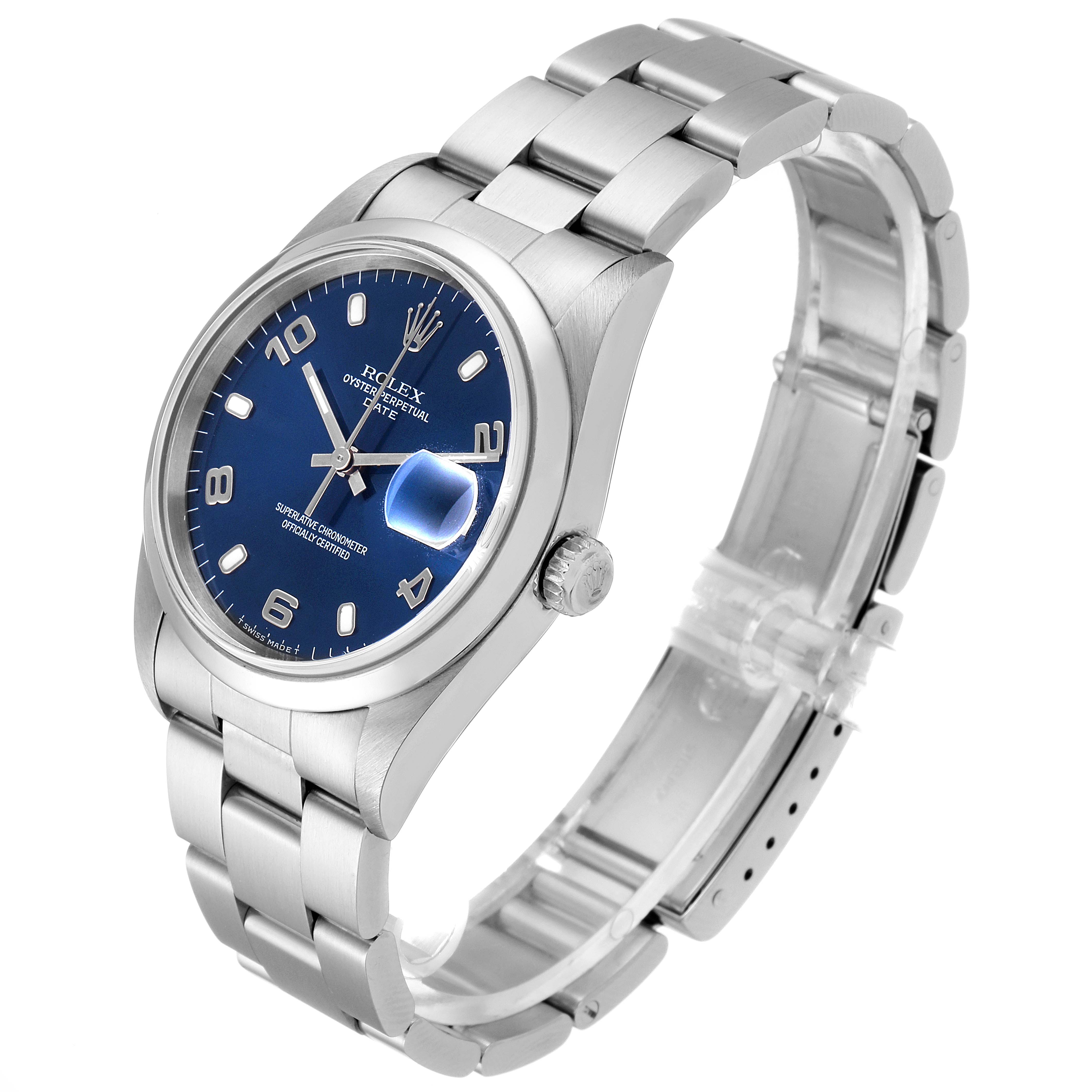 This image shows a side angle of the Rolex Date 15200 Men's Stainless Steel Blue Dial 15200 Men's Stainless Steel Blue Dial model, highlighting its blue dial, bracelet, and magnified date window.