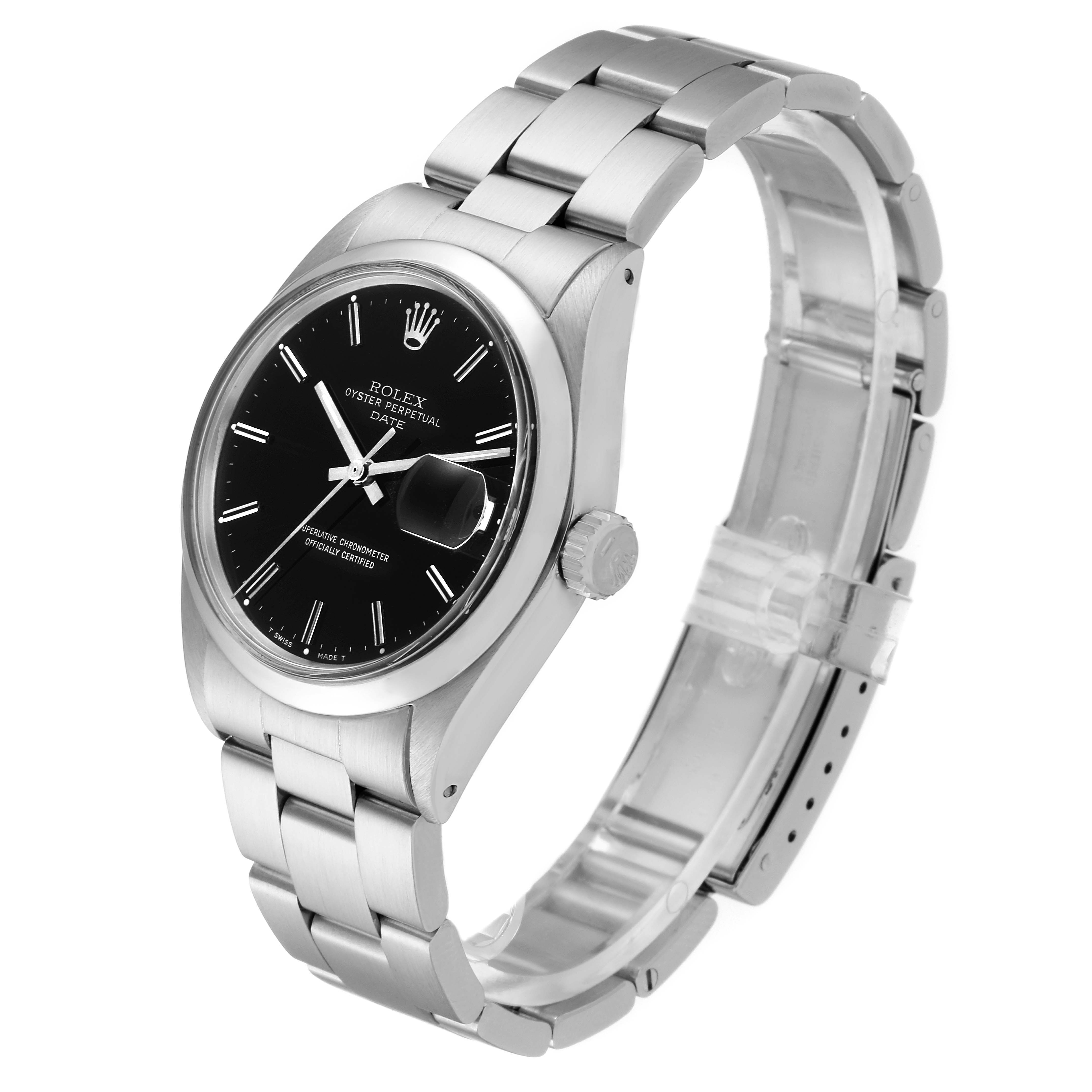 The Rolex Vintage Collection 1500 Men's Stainless Steel Black Dial 1500 Men's Stainless Steel Black Dial watch is shown at an oblique angle, highlighting its dial, crown, and part of its bracelet.