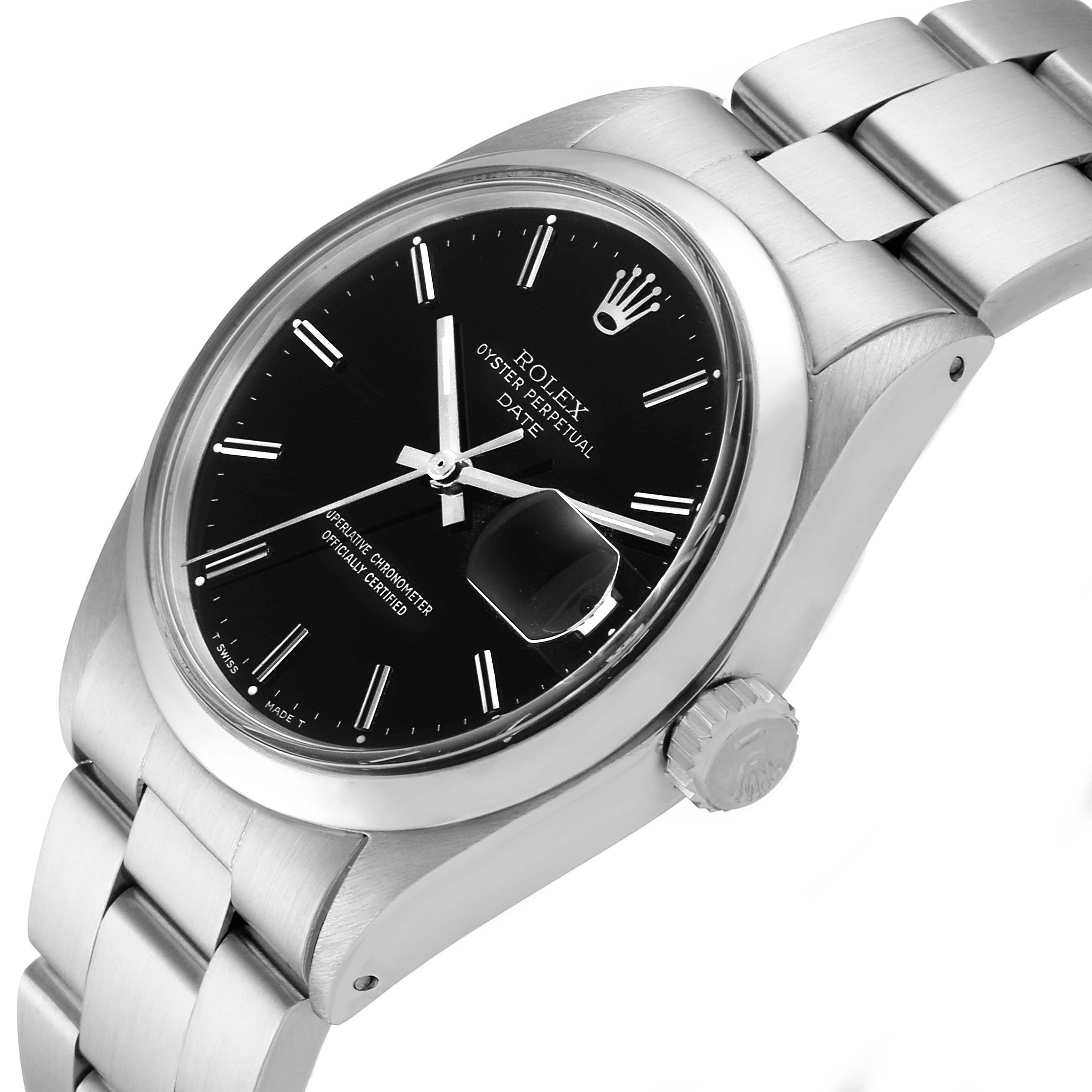 The watch is a Rolex Vintage Collection 1500 Men's Stainless Steel Black Dial 1500 Men's Stainless Steel Black Dial model shown from an angled side view, highlighting the face, crown, and band.