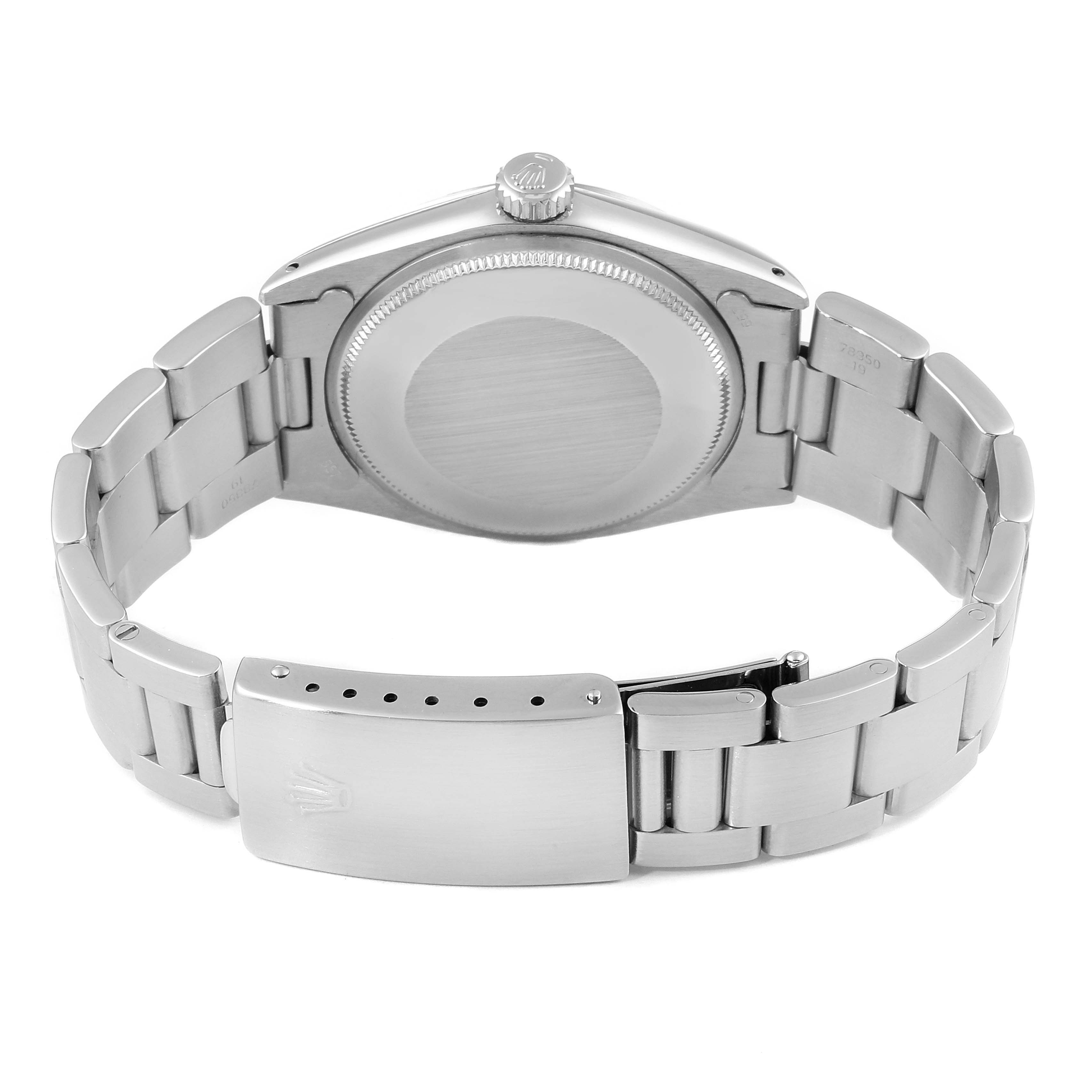 The image shows the back and clasp of a Rolex Vintage Collection 1500 Men's Stainless Steel Black Dial 1500 Men's Stainless Steel Black Dial model watch, highlighting its bracelet and case back.