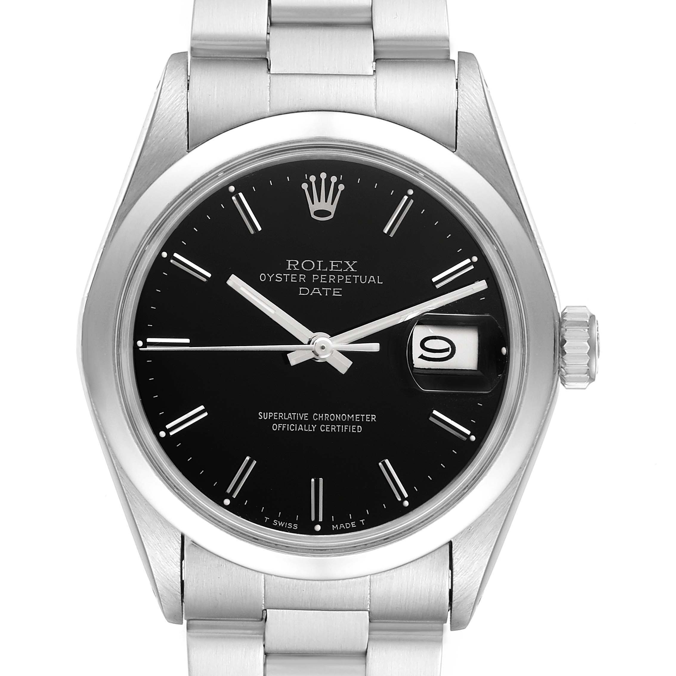The Rolex Vintage Collection 1500 Men's Stainless Steel Black Dial 1500 Men's Stainless Steel Black Dial model is shown from a frontal angle, highlighting its black dial, date window, crown, and stainless steel bracelet.