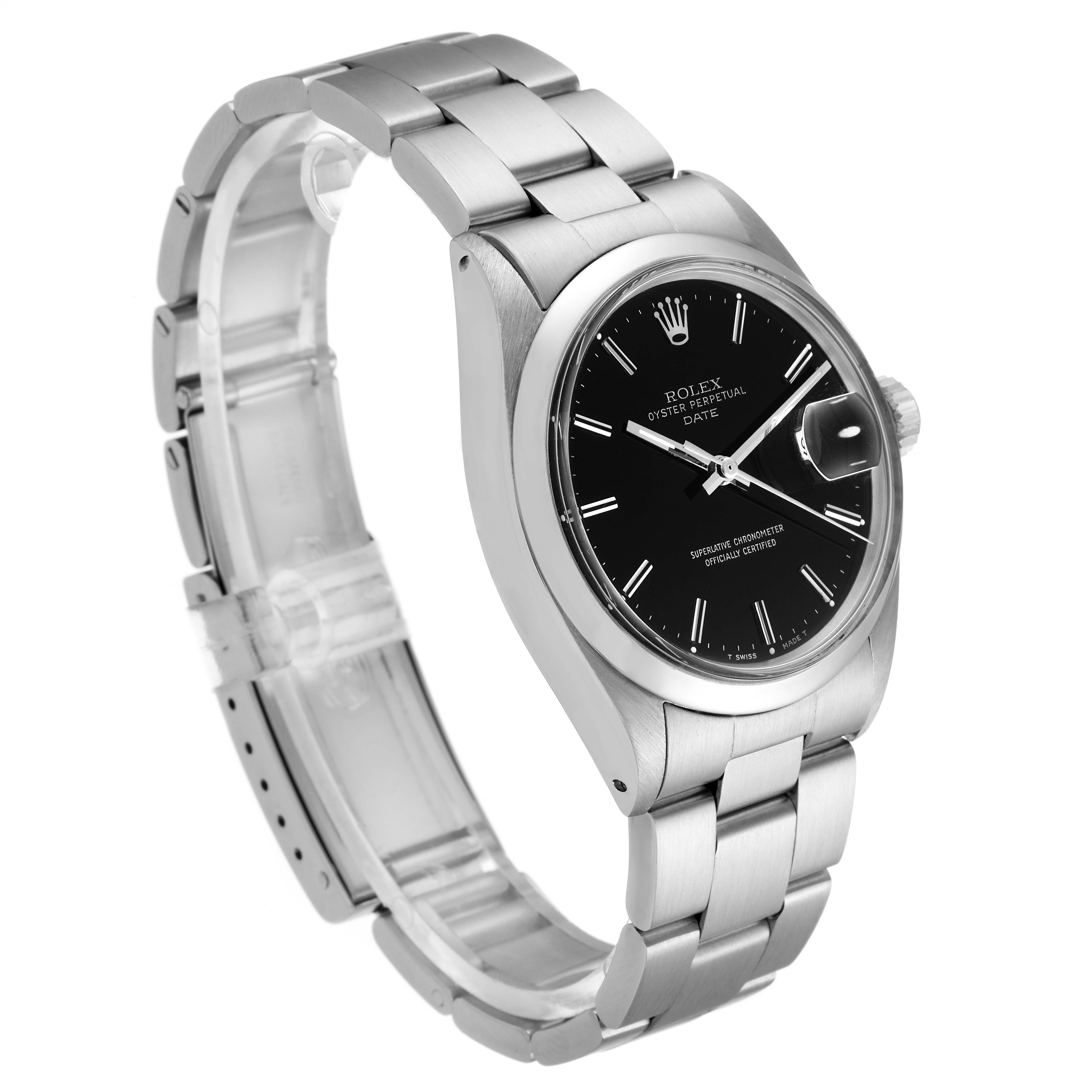 The image shows a Rolex Vintage Collection 1500 Men's Stainless Steel Black Dial 1500 Men's Stainless Steel Black Dial model watch at a three-quarter angle, highlighting the black dial, stainless steel case, and bracelet.