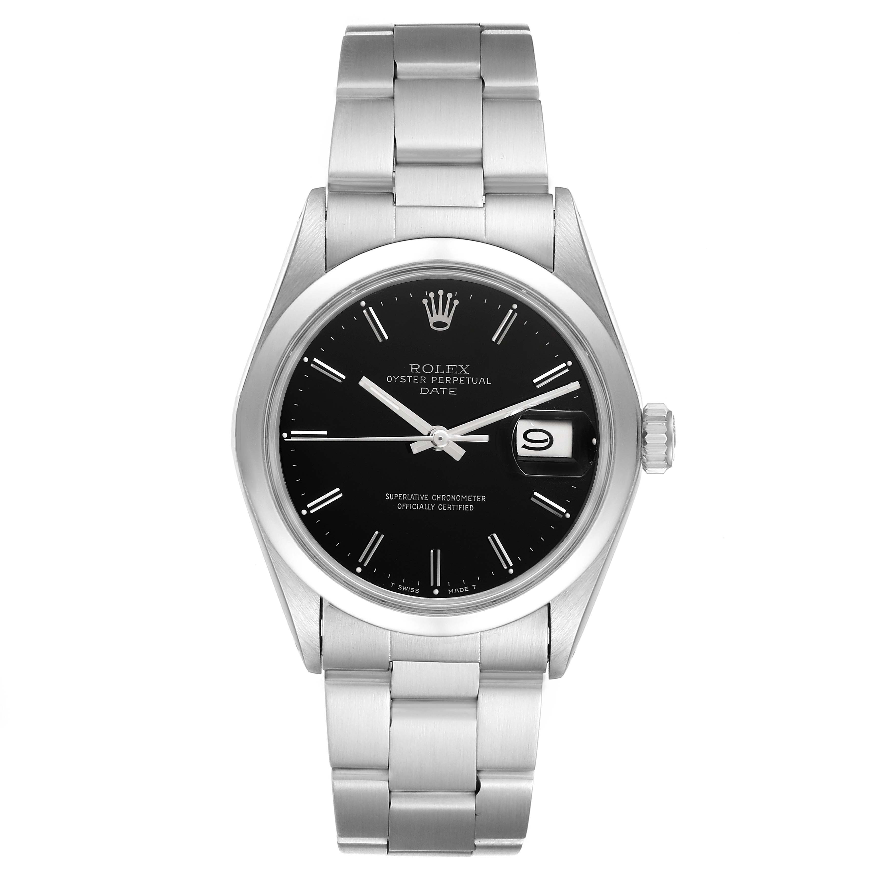 The Rolex Vintage Collection 1500 Men's Stainless Steel Black Dial 1500 Men's Stainless Steel Black Dial watch is shown from the front, highlighting the black dial, date window, and stainless steel bracelet.