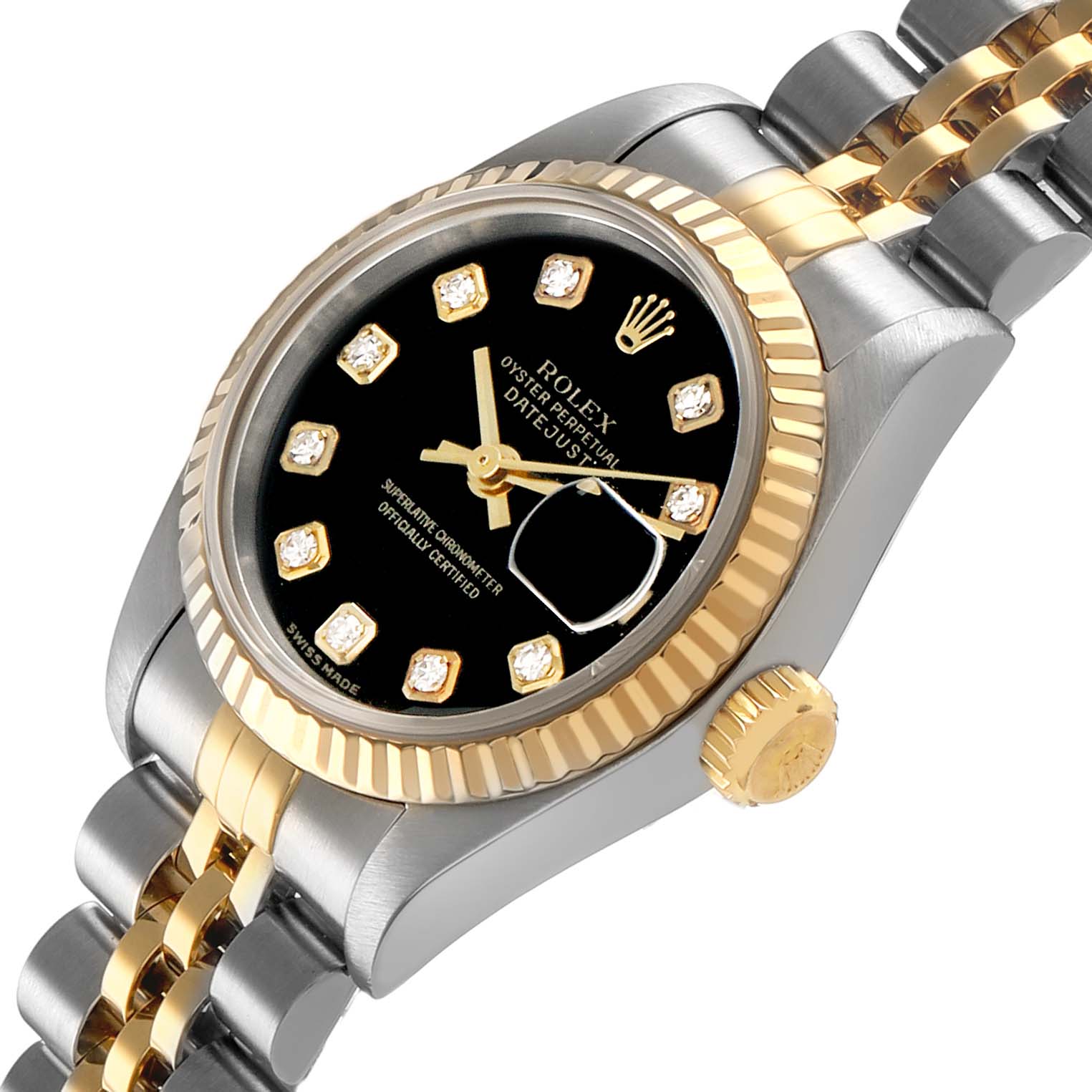 The Rolex Datejust 79173 Women's Stainless Steel Black Dial watch is shown at an angled view, highlighting the gold and silver bracelet, bezel, crown, and black dial with diamond markers.