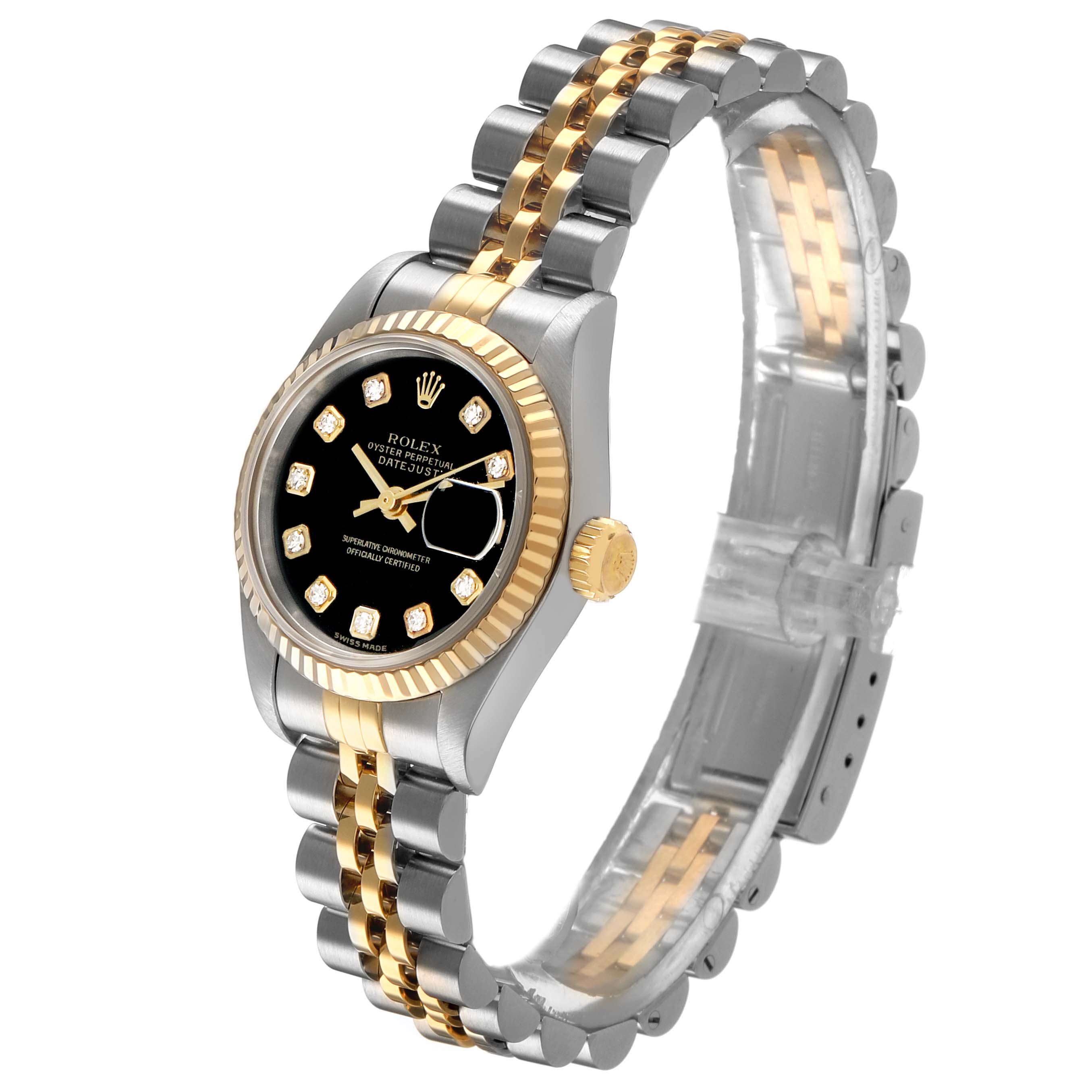 The Rolex Datejust 79173 Women's Stainless Steel Black Dial watch is shown at a three-quarter angle, highlighting the bezel, crown, dial, and bracelet.