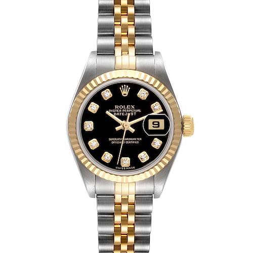 The Rolex Datejust 79173 Women's Stainless Steel Black Dial watch is shown from the front, displaying the bezel, dial with diamond markers, hands, date, and two-tone bracelet.