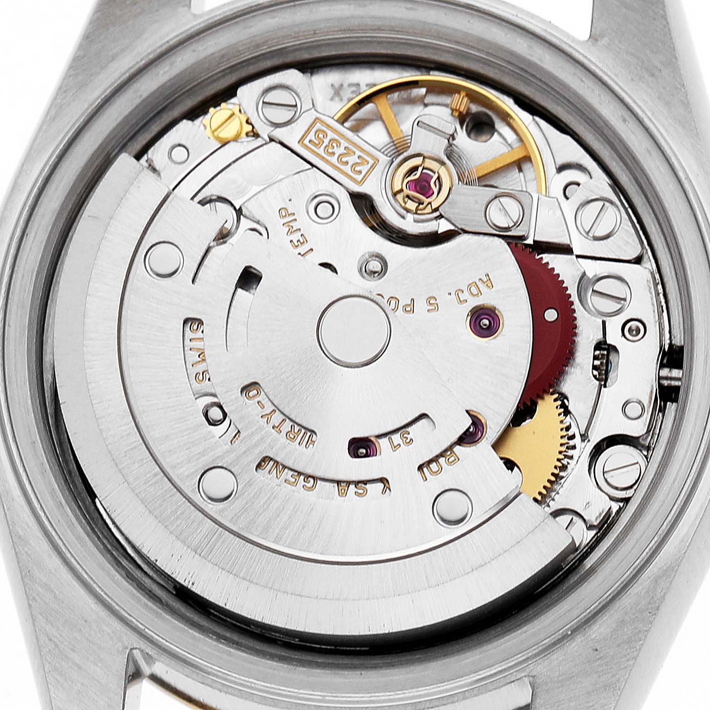 The image shows the movement and inner workings of a Rolex Datejust 79173 Women's Stainless Steel Black Dial watch from the back.