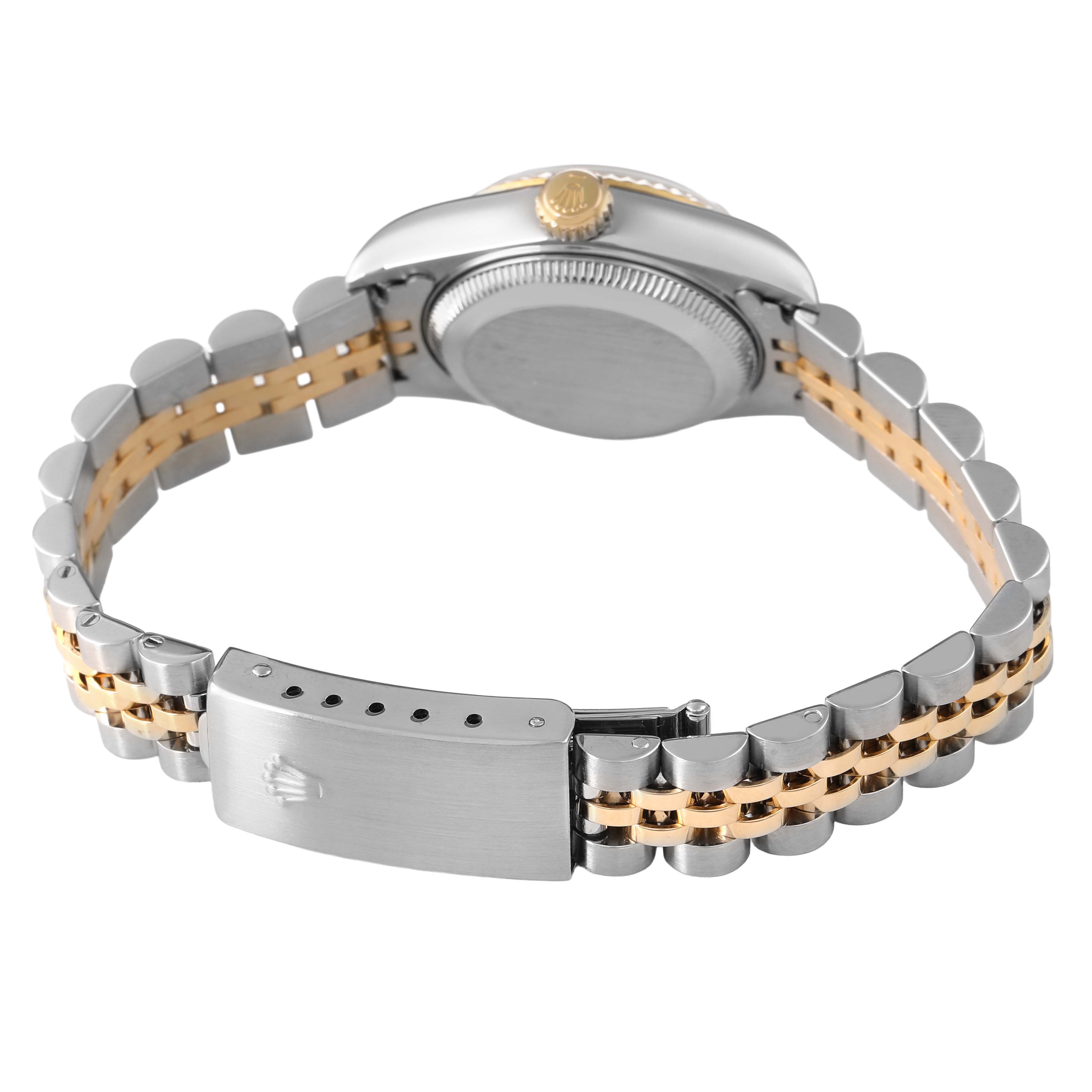 The image shows the side and back view of a Rolex Datejust 79173 Women's Stainless Steel Black Dial with the bracelet and clasp visible.