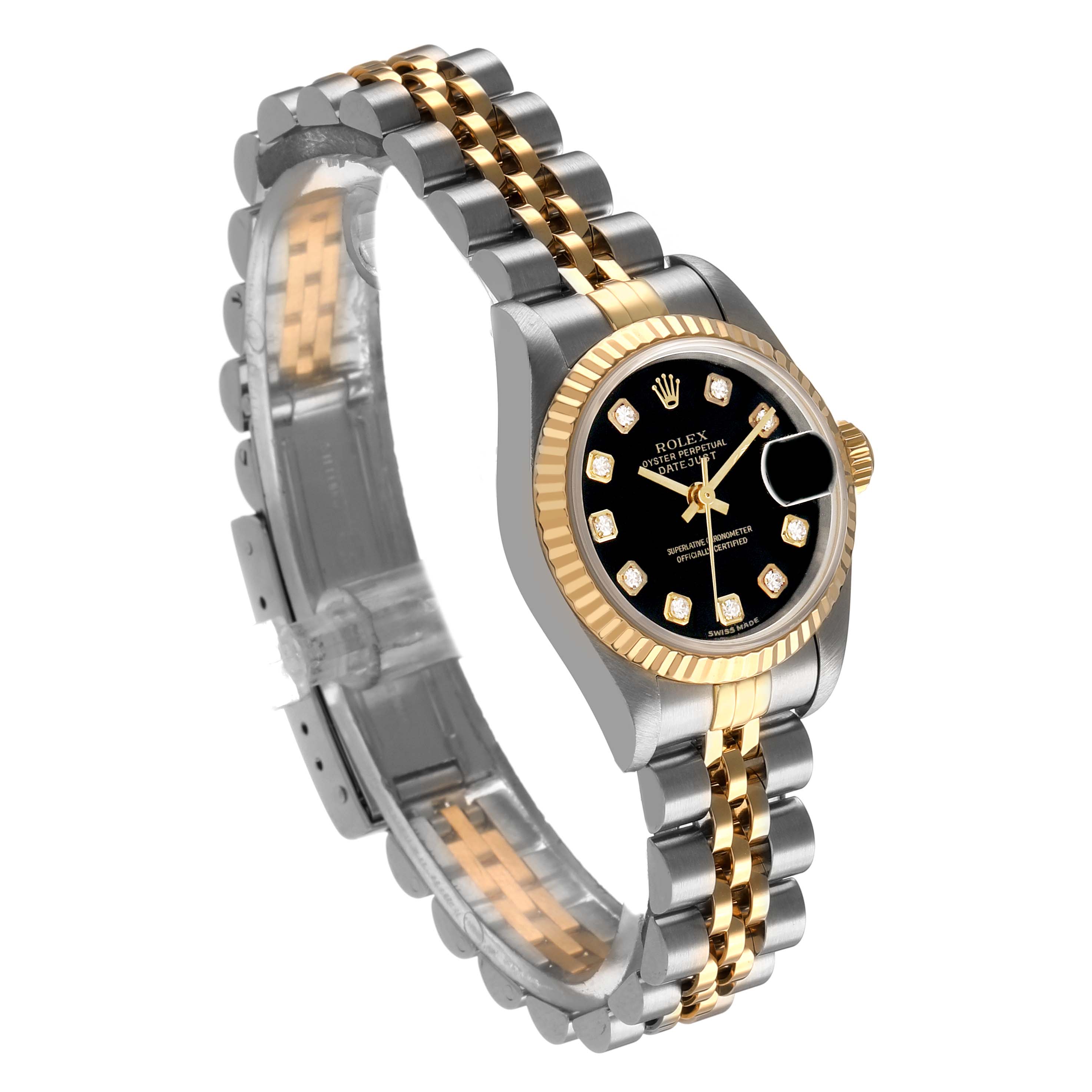 The Rolex Datejust 79173 Women's Stainless Steel Black Dial watch is shown at a three-quarter angle, displaying its dial, fluted bezel, and Jubilee bracelet.
