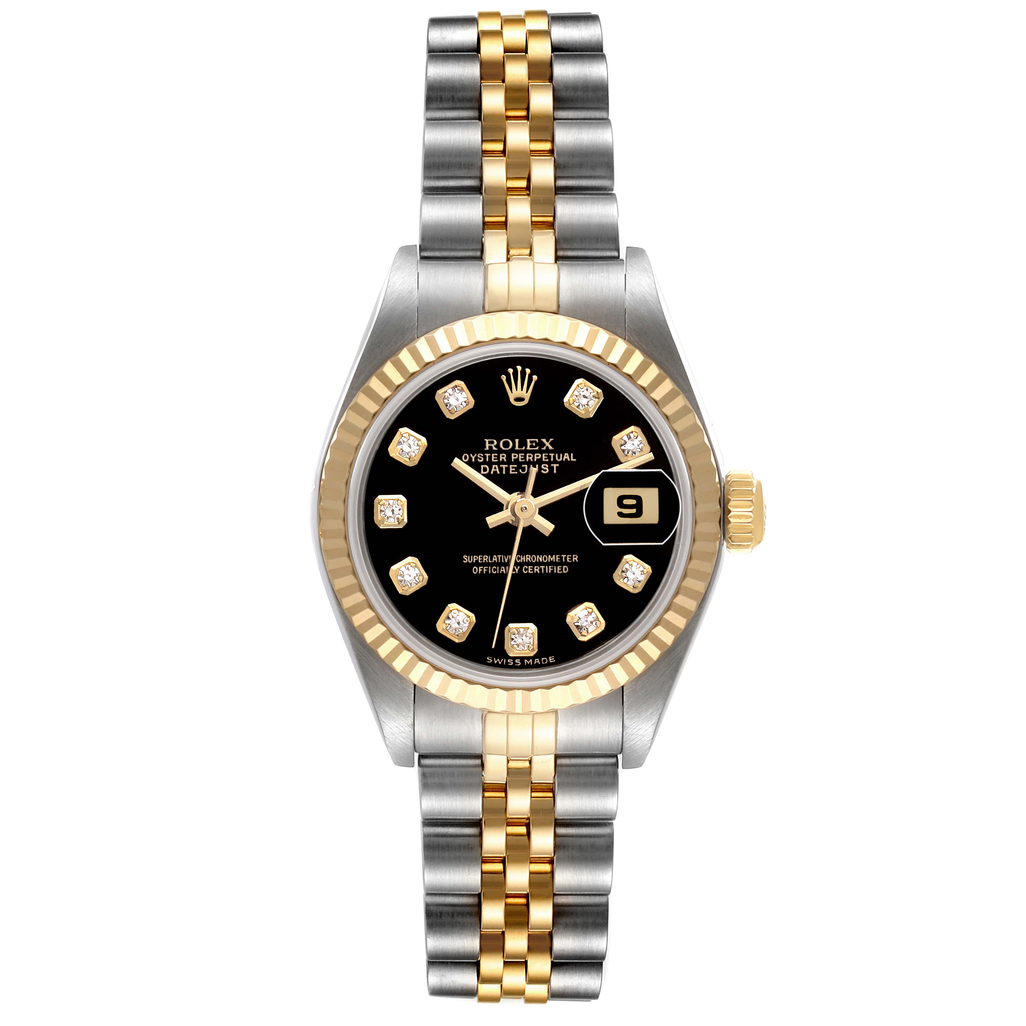 The Rolex Datejust 79173 Women's Stainless Steel Black Dial watch is shown from a top-down angle, displaying the face, bezel, and bracelet.