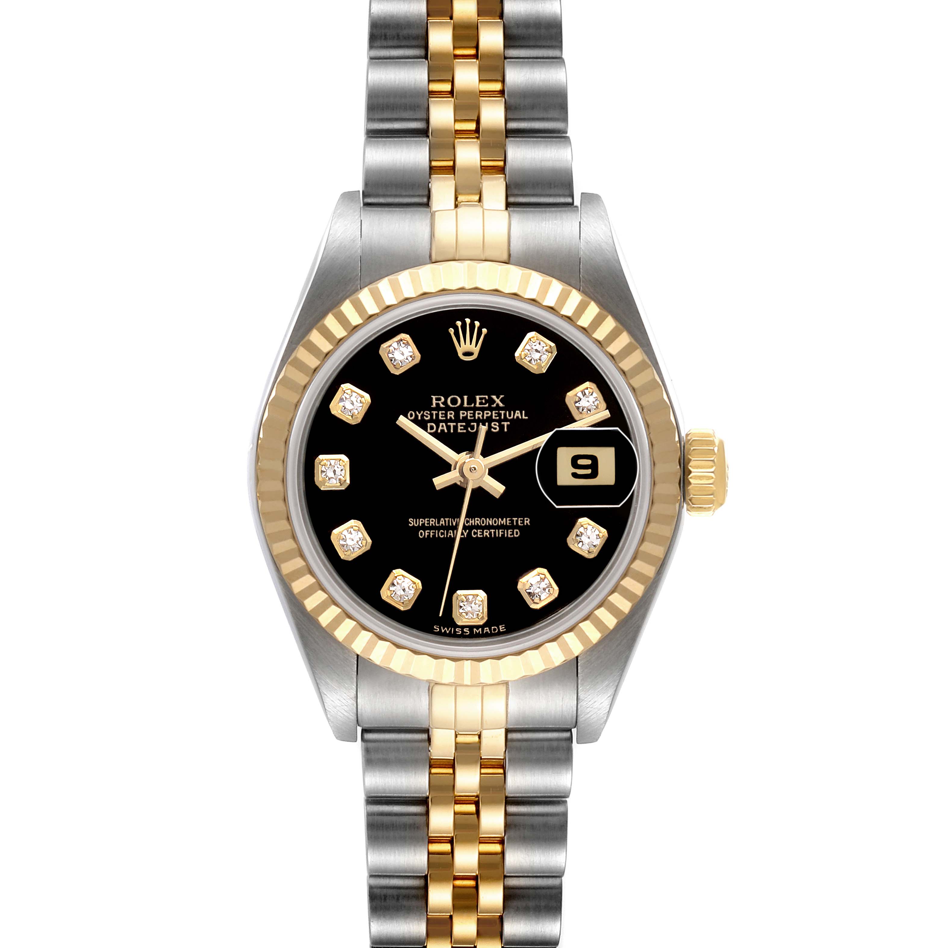 The Rolex Datejust 79173 Women's Stainless Steel Black Dial watch is shown from a front view, displaying the dial, bezel, and bracelet.