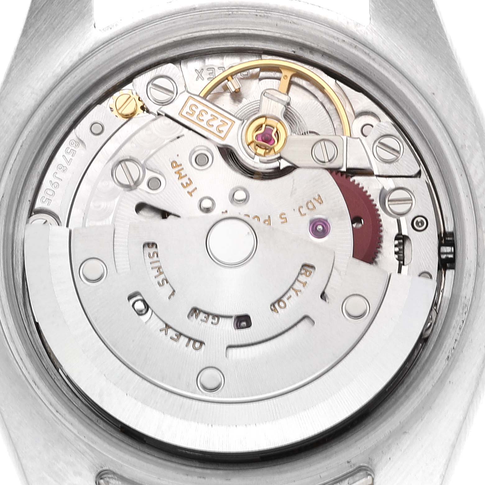 This image shows the movement and internal mechanics of a Rolex Datejust 179383 Women's Steel and Gold (two tone) Champagne Dial 179383 Women's Steel and Gold (two tone) Champagne Dial watch from a top-down perspective.