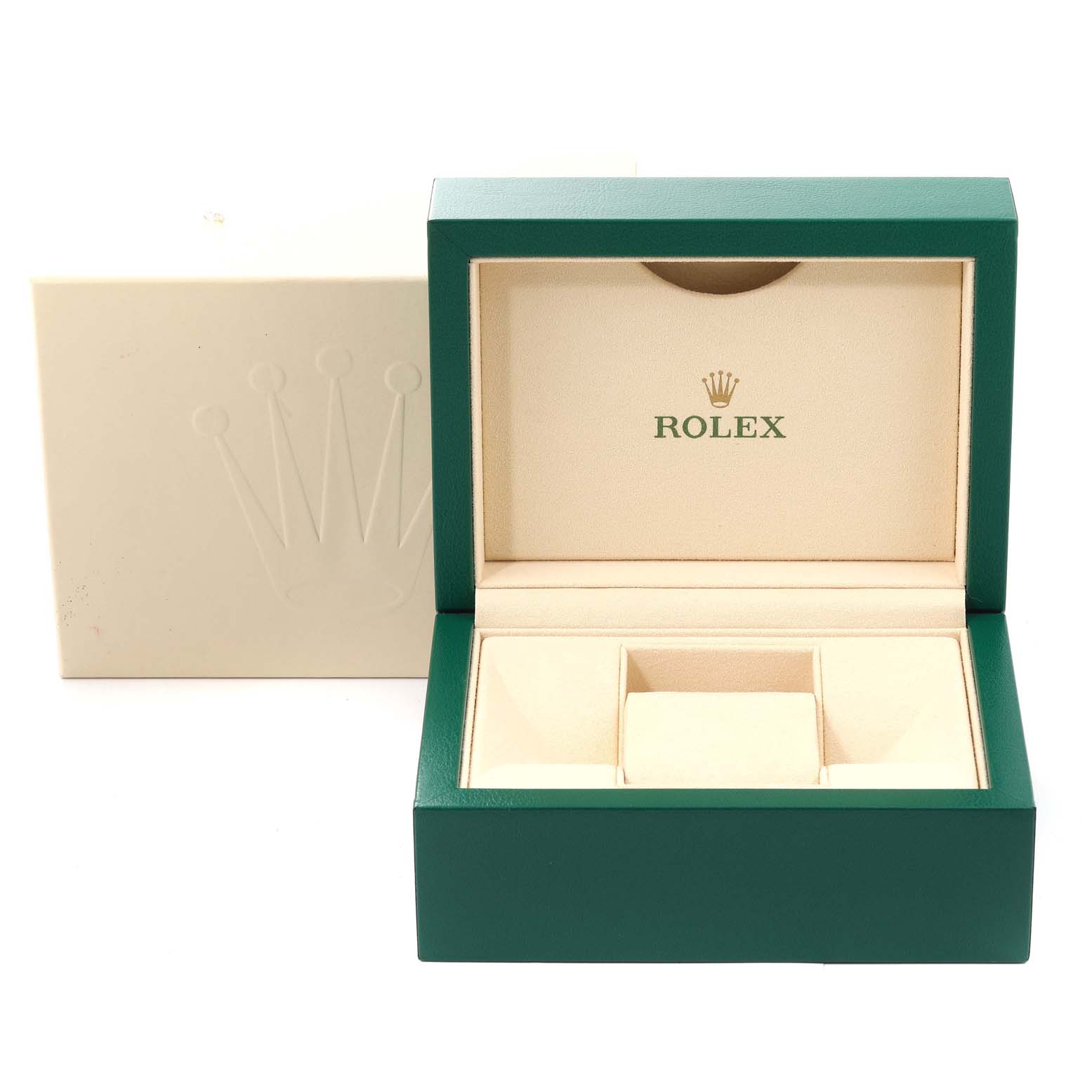 The image shows an open Rolex Datejust 179383 Women's Steel and Gold (two tone) Champagne Dial 179383 Women's Steel and Gold (two tone) Champagne Dial watch box from a front angle, displaying the inner compartments and packaging.