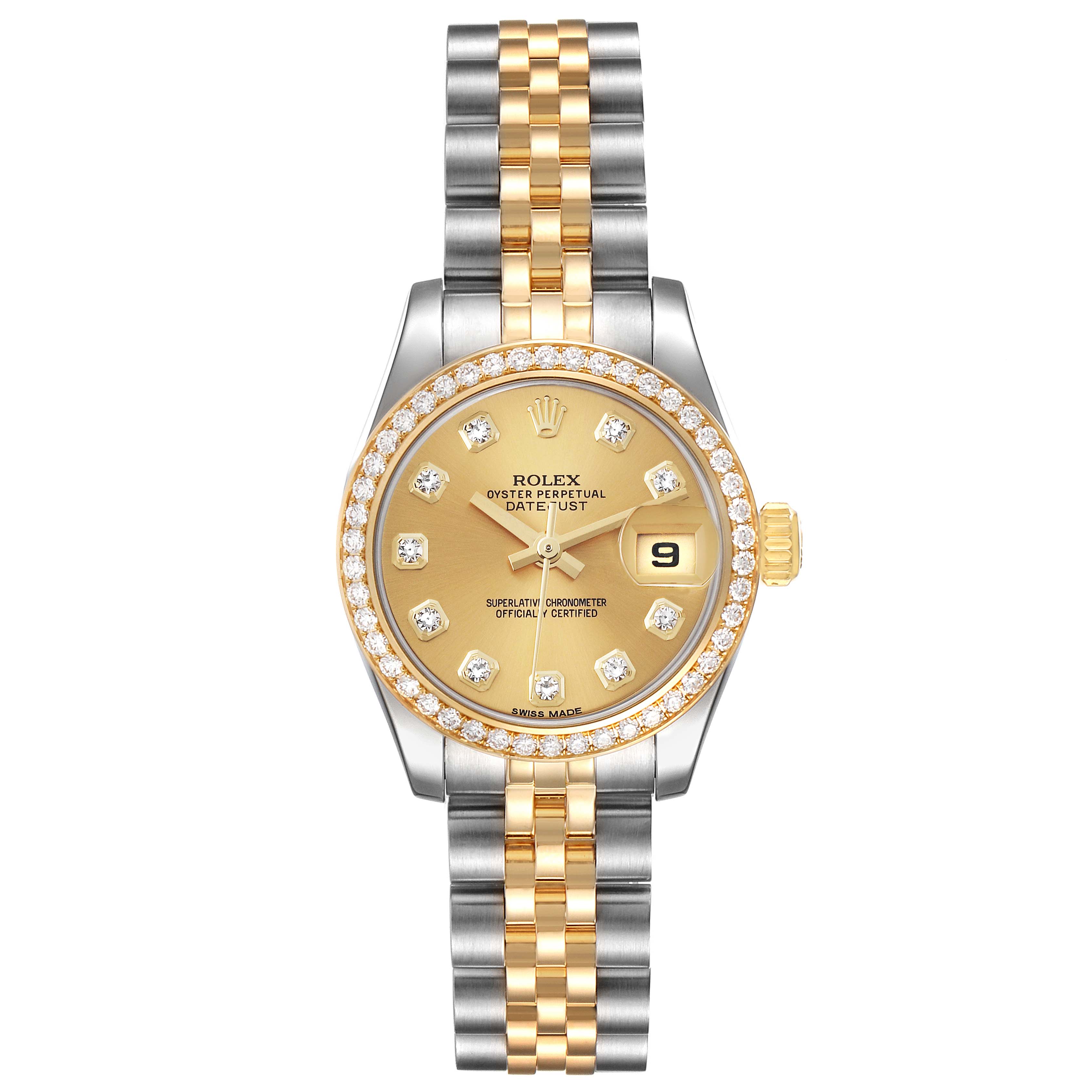 This image shows a Rolex Datejust 179383 Women's Steel and Gold (two tone) Champagne Dial 179383 Women's Steel and Gold (two tone) Champagne Dial model from a front angle, displaying the face, gold bezel with diamonds, and two-tone bracelet.